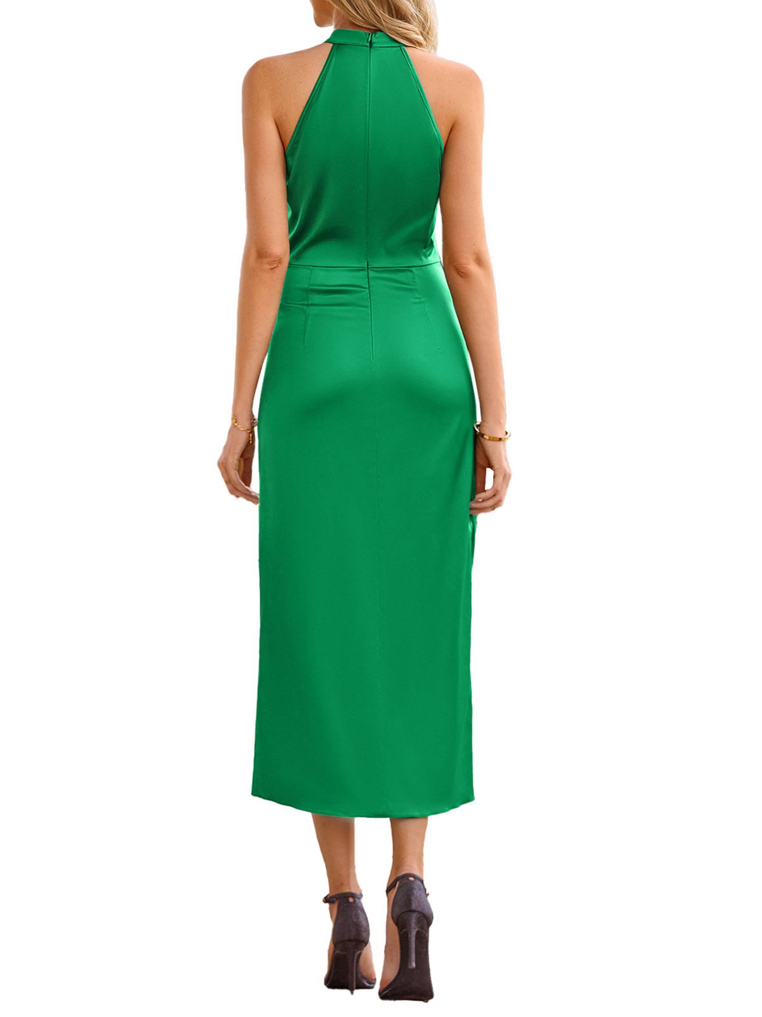 Women Sleeveless Ruched Wrap Hem Split Midi Cocktail Dress