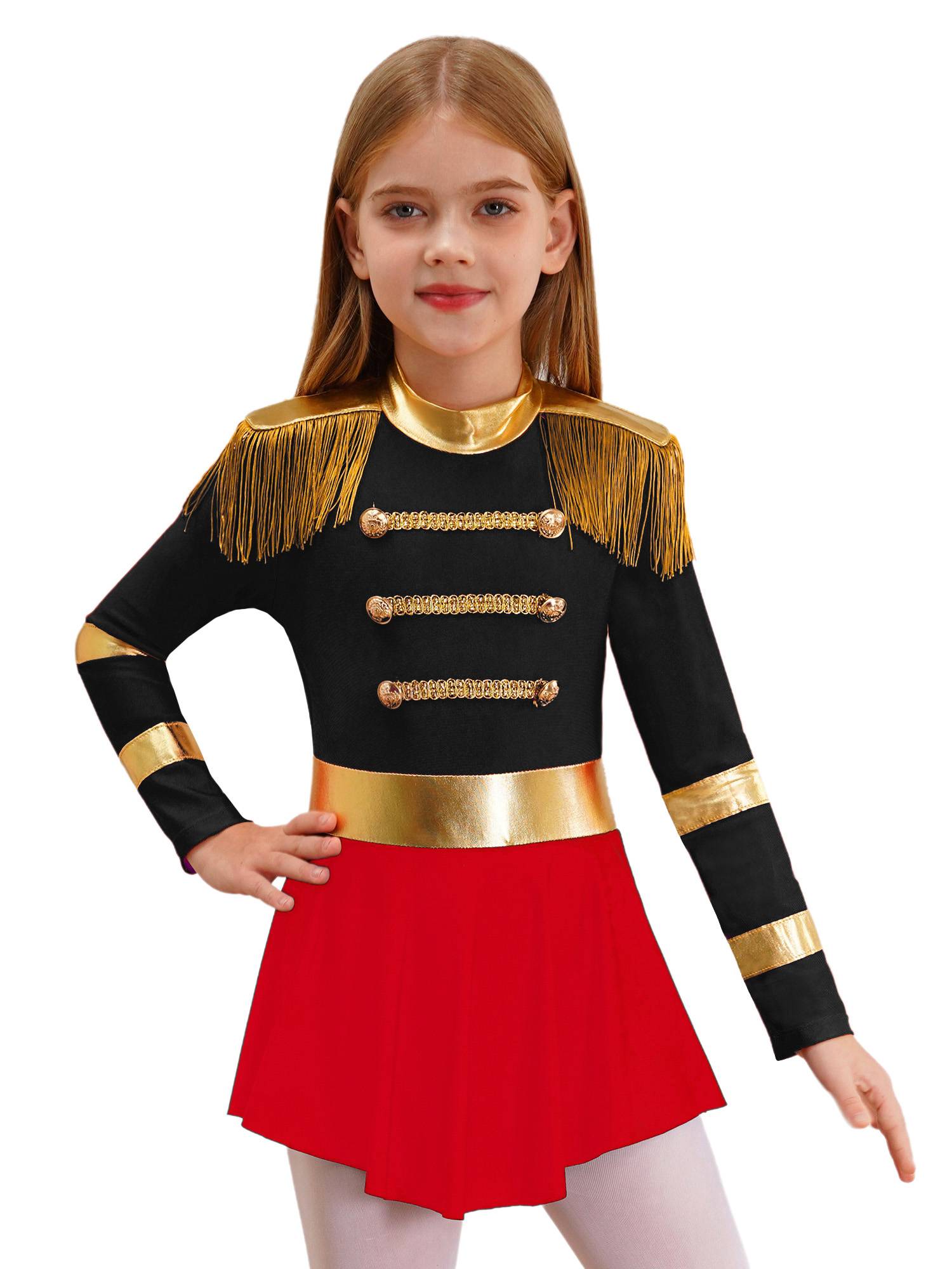Kids Girls Long Sleeve Keyhole Back Fringe Circus Ringmaster Leotard Dress