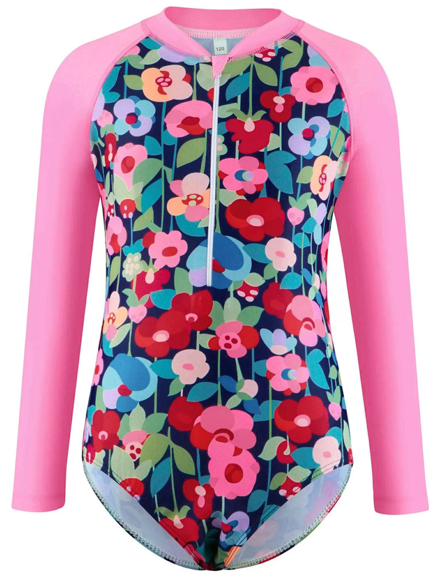 Kids Girls One-piece Long Sleeve Front Zipper Swimming Bodysuit