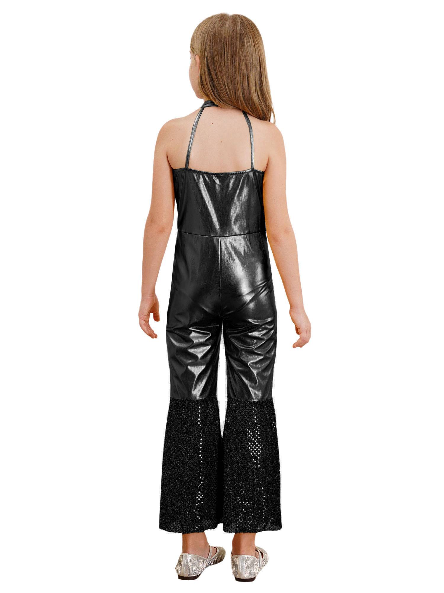 Girls Sleeveless Halter Neck Metallic Sequins Retro Disco Dance Jumpsuit