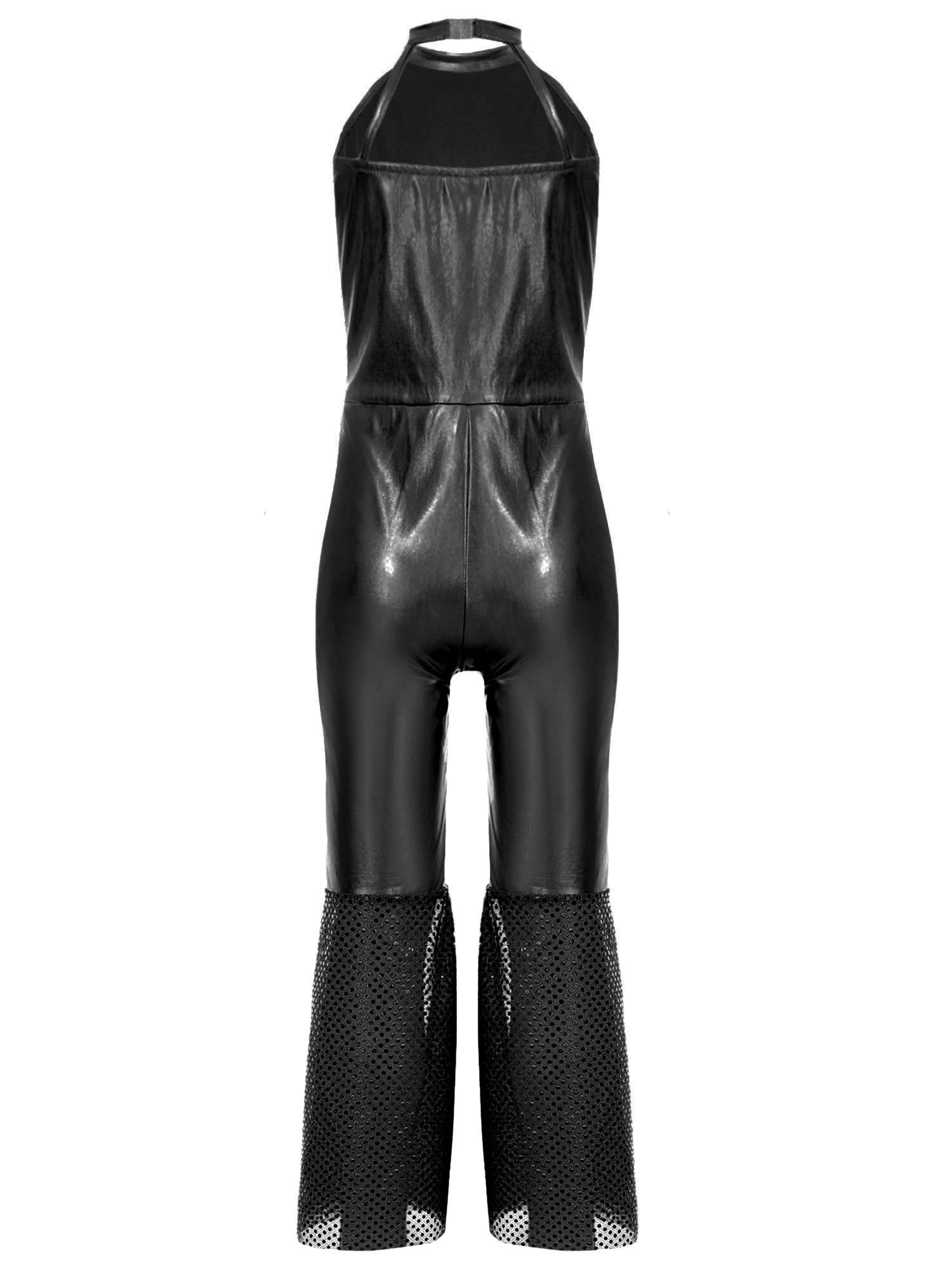 Girls Sleeveless Halter Neck Metallic Sequins Retro Disco Dance Jumpsuit