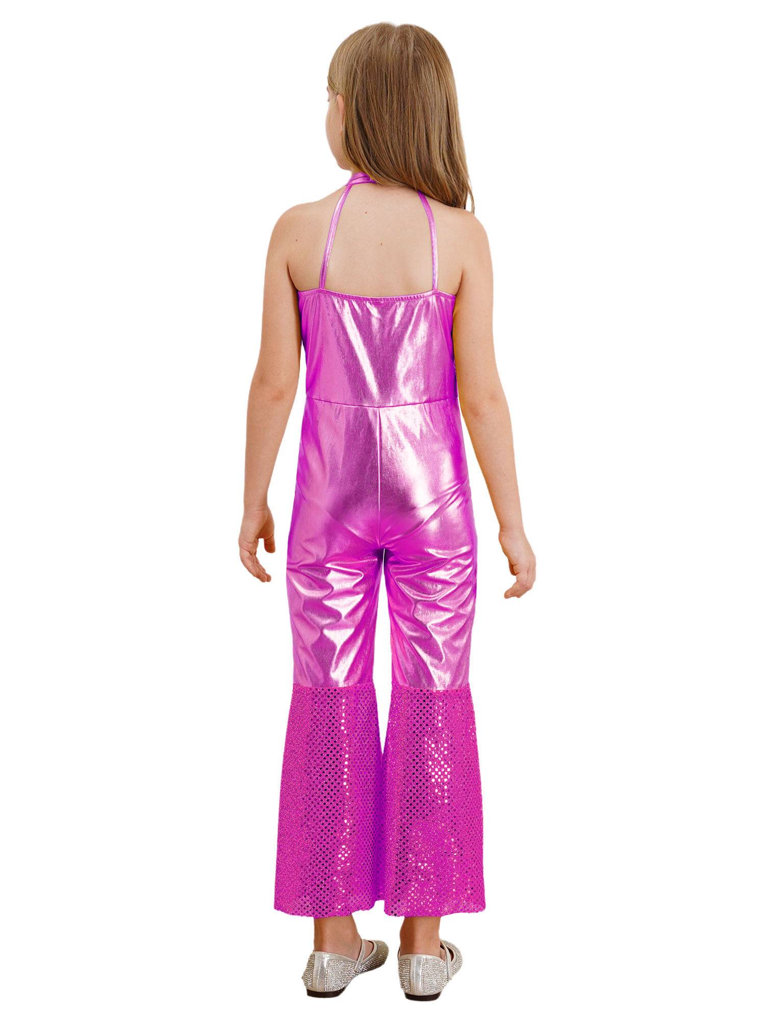 Girls Sleeveless Halter Neck Metallic Sequins Retro Disco Dance Jumpsuit