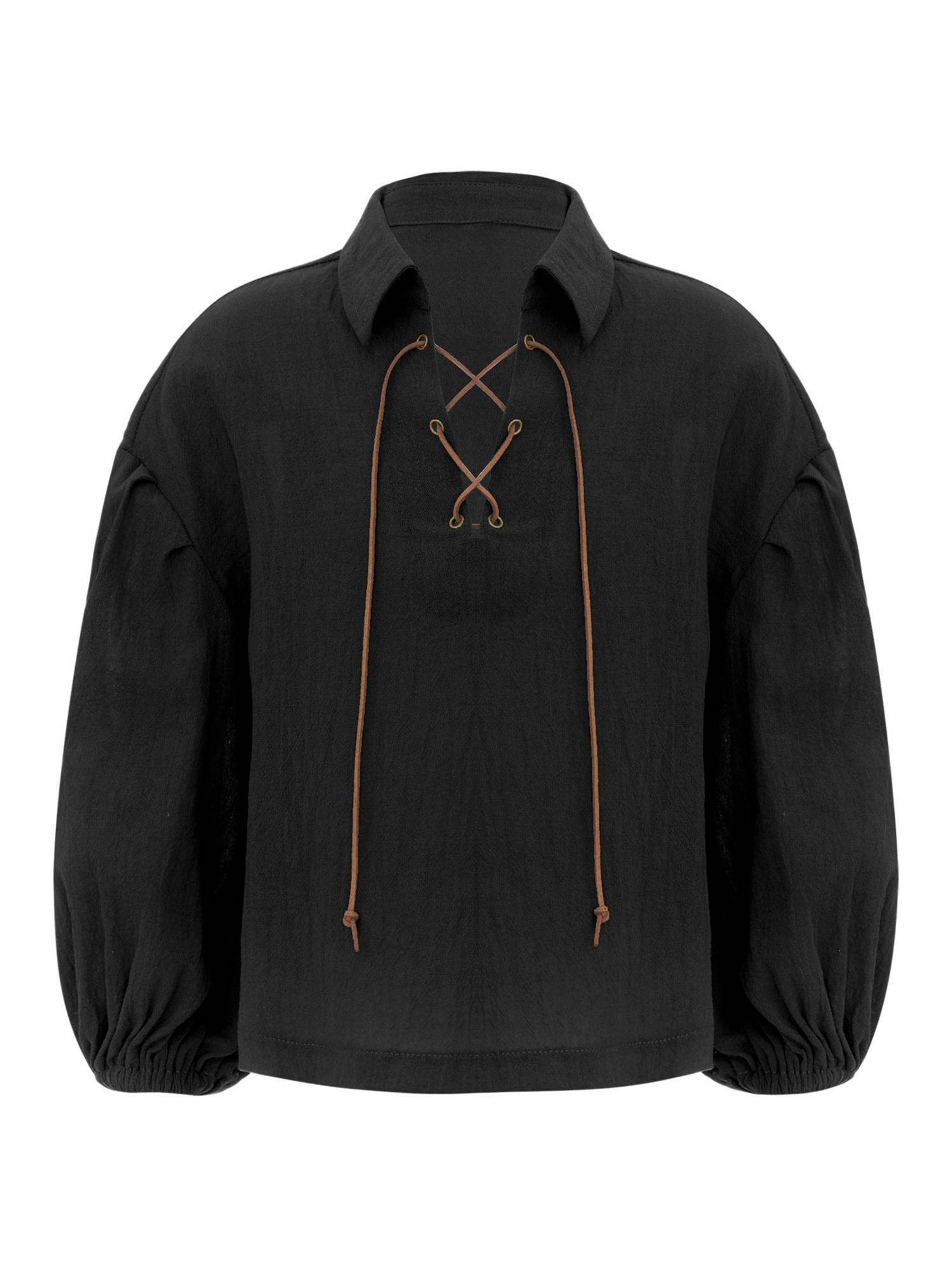 Kids Boys Long Sleeve Lace-up Solid Color Medieval Pirate Shirt