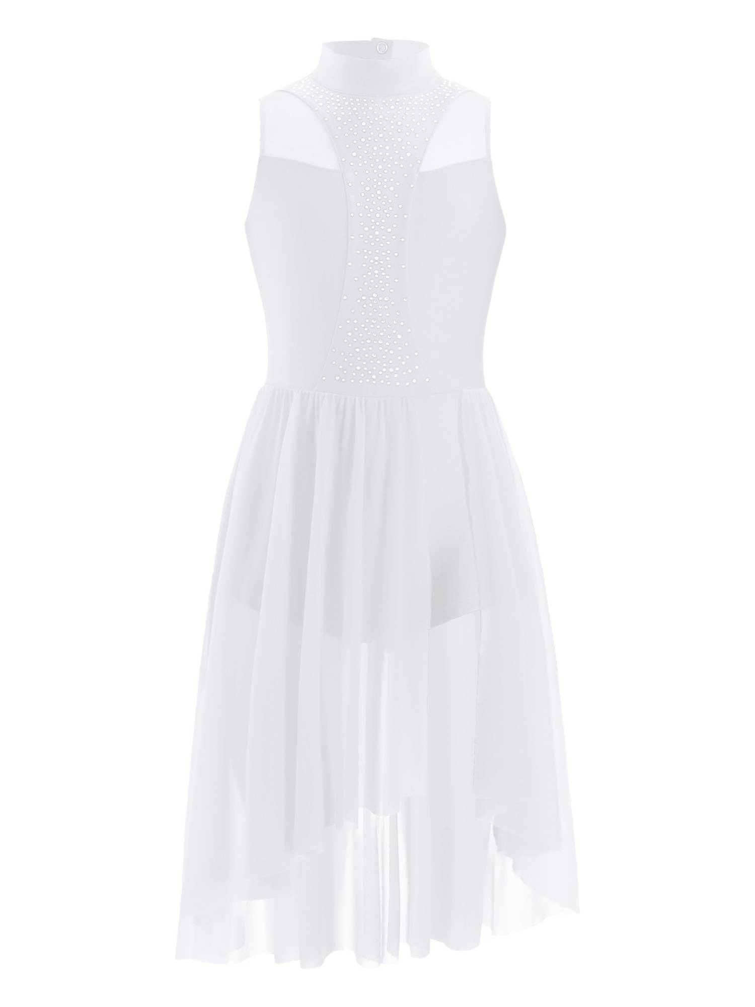 Kids Girls Sleeveless Mock Neck Side Slit Hi-Lo Skating Leotard Dress