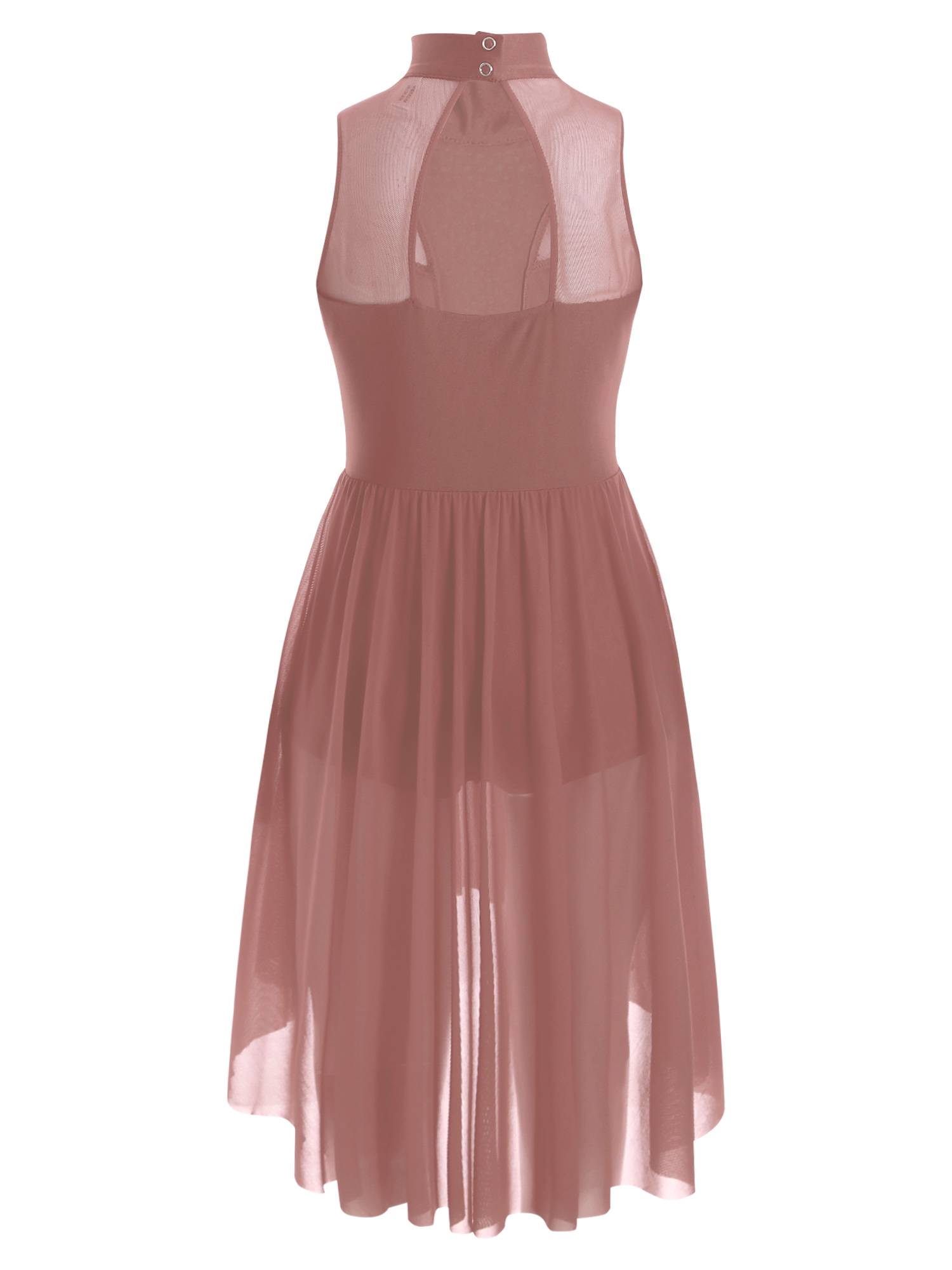 Kids Girls Sleeveless Mock Neck Side Slit Hi-Lo Skating Leotard Dress