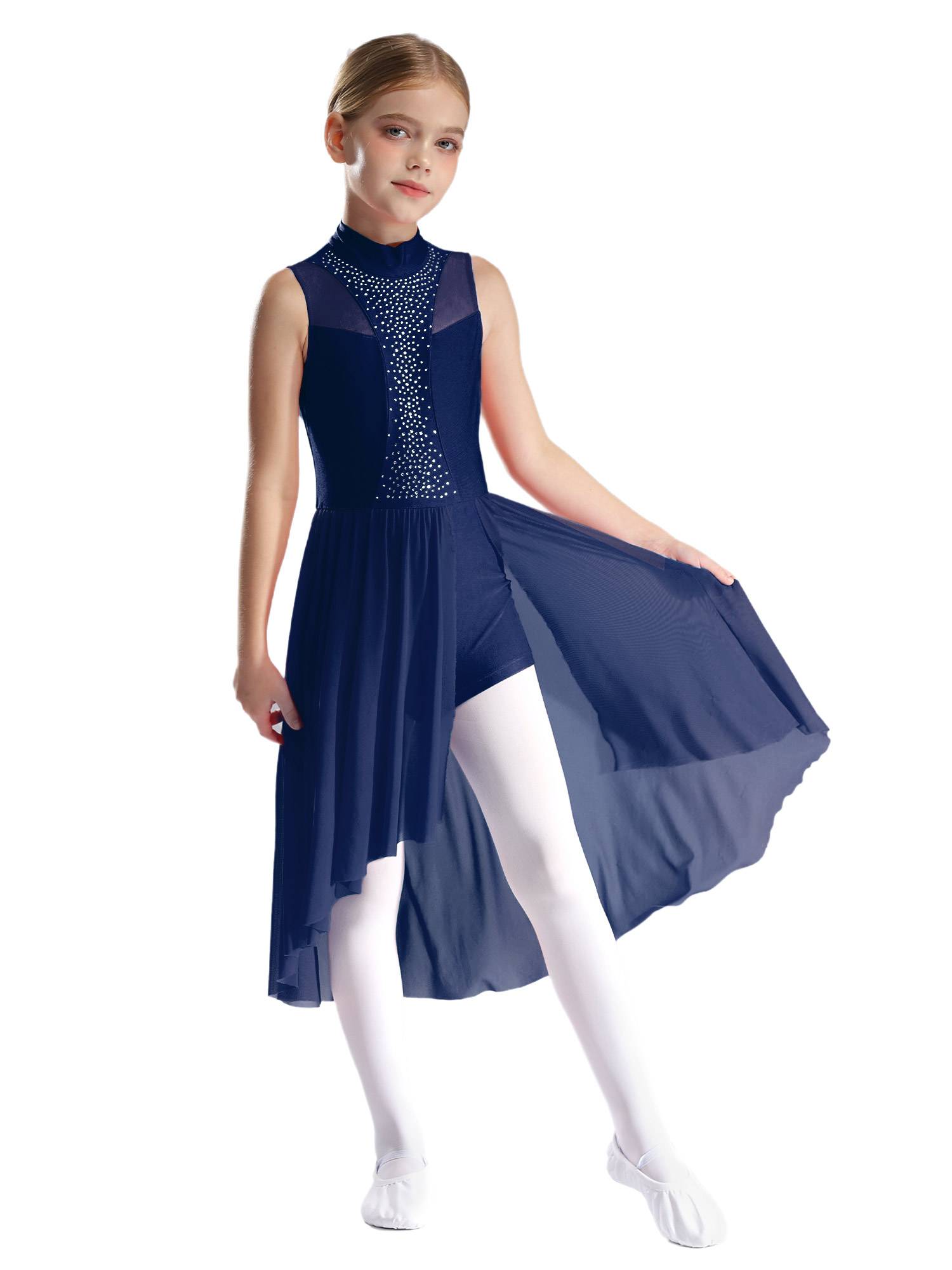 Kids Girls Sleeveless Mock Neck Side Slit Hi-Lo Skating Leotard Dress