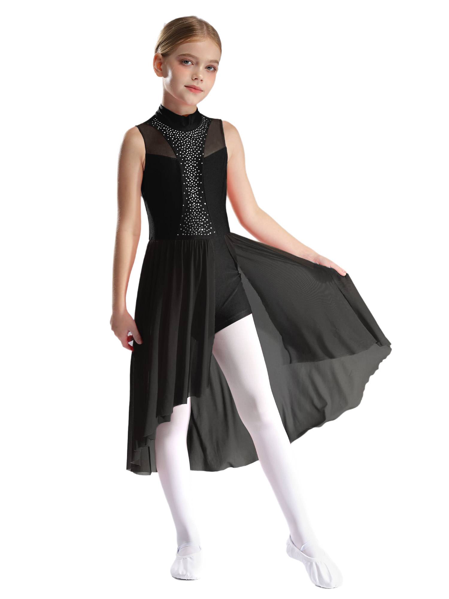 Kids Girls Sleeveless Mock Neck Side Slit Hi-Lo Skating Leotard Dress