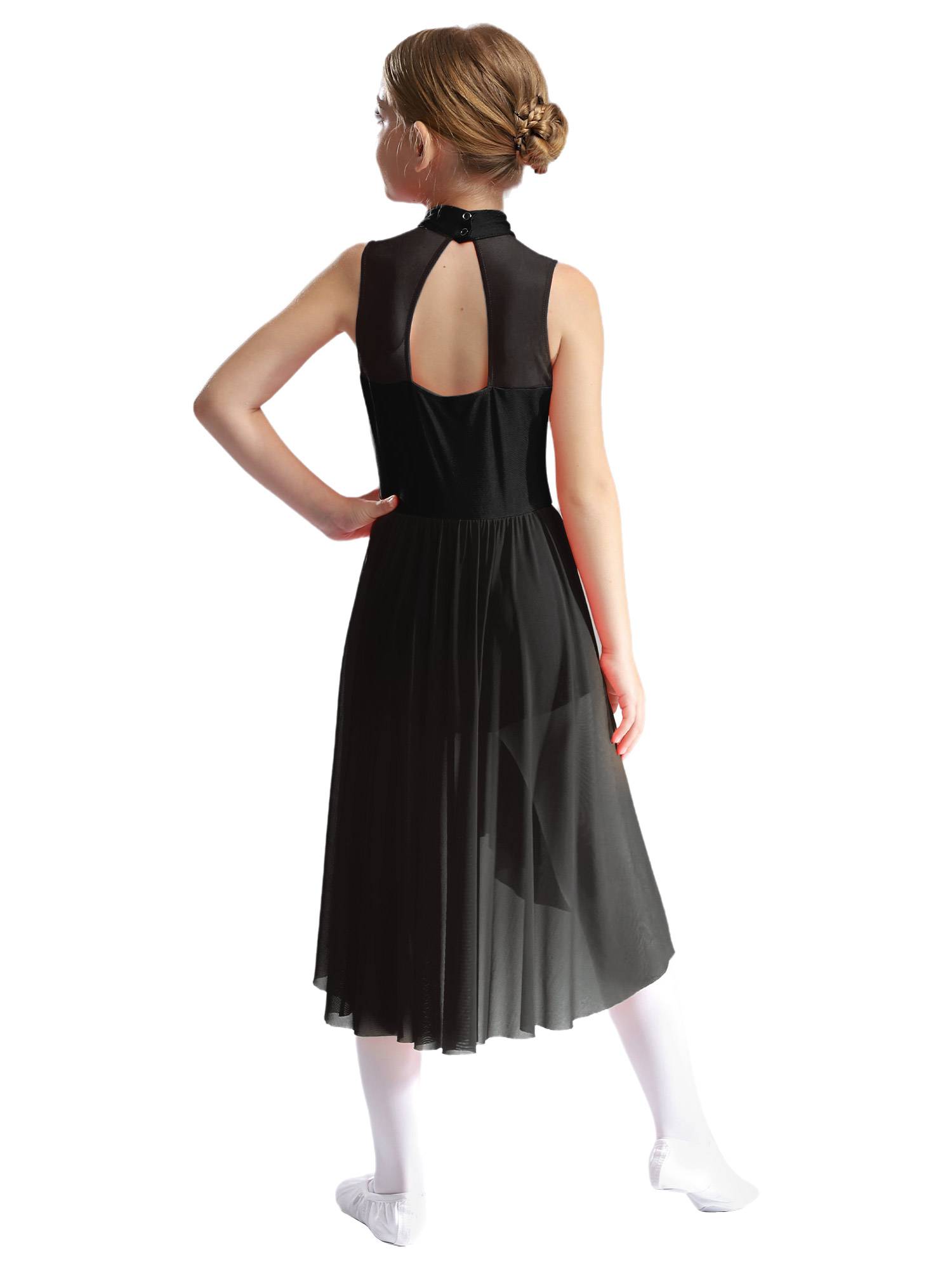 Kids Girls Sleeveless Mock Neck Side Slit Hi-Lo Skating Leotard Dress