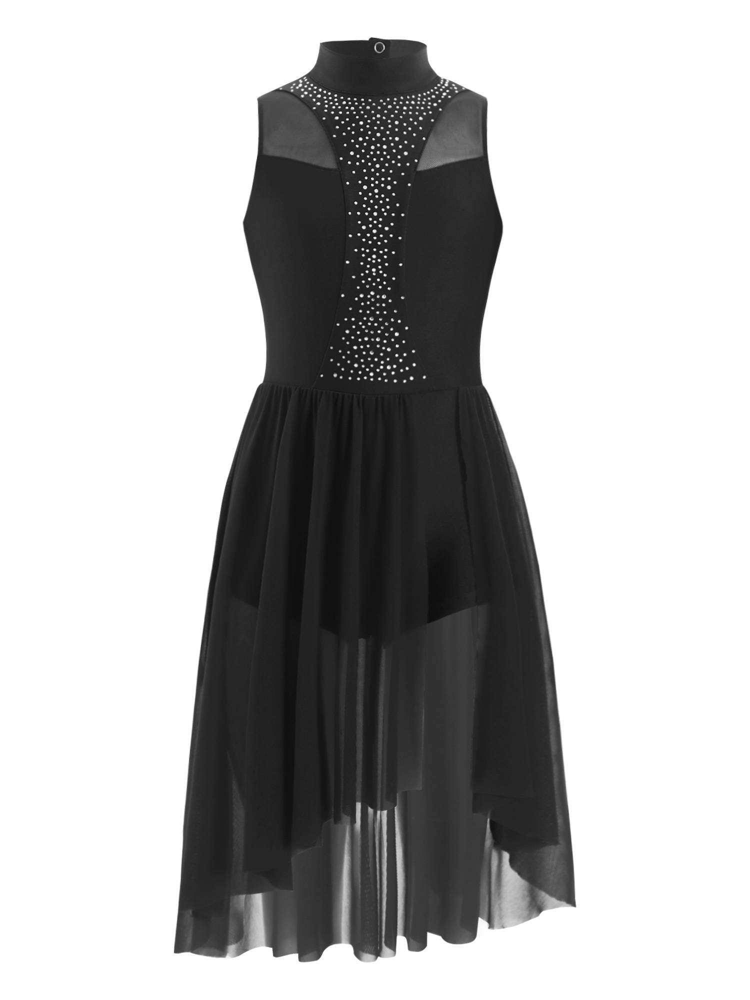 Kids Girls Sleeveless Mock Neck Side Slit Hi-Lo Skating Leotard Dress