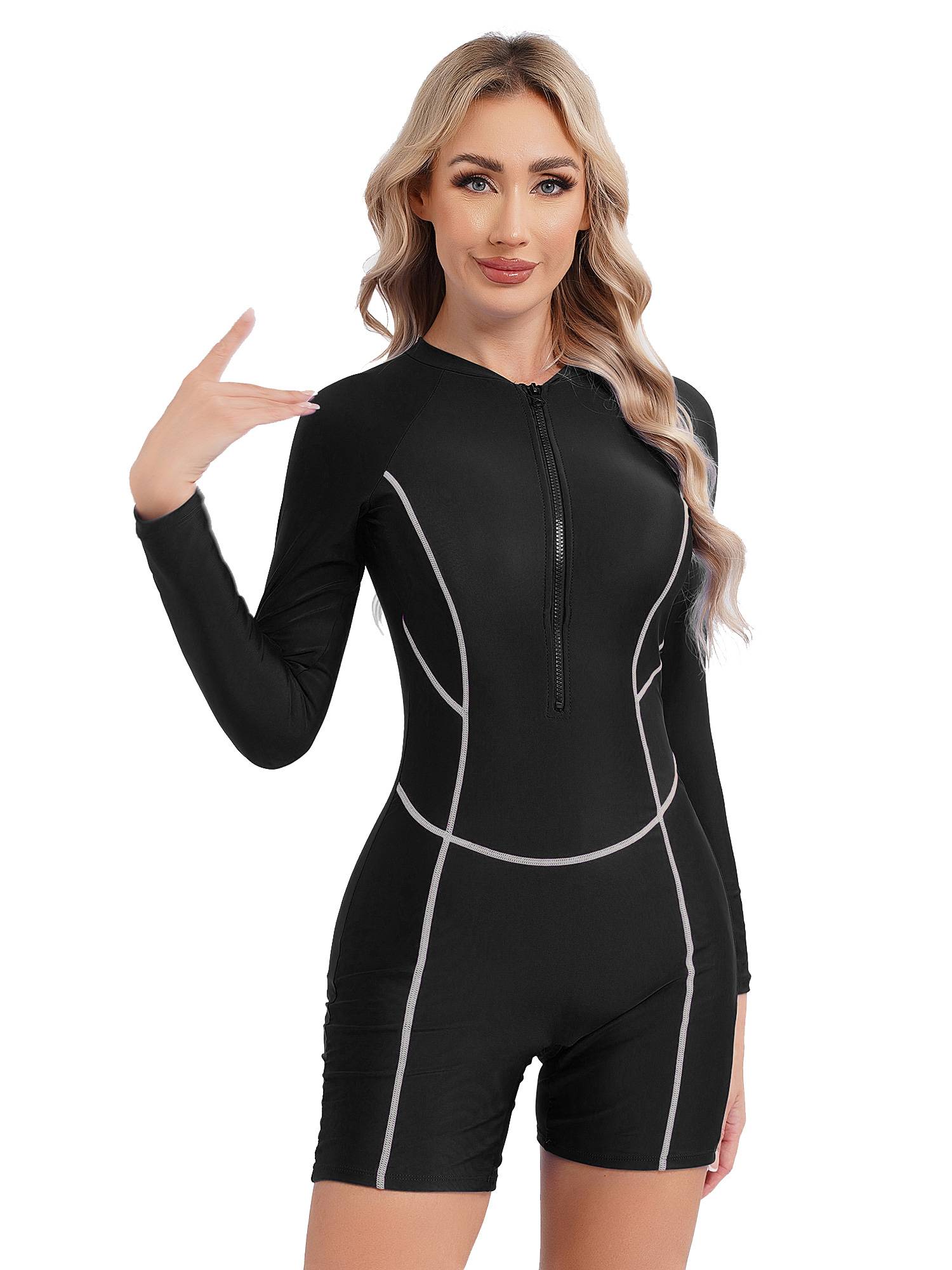 Women Long Sleeve Front Zipper One-piece Swimsuit