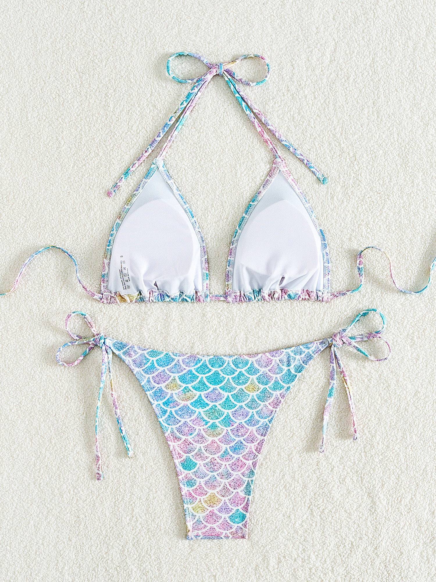 Women 2pcs Fish Scale Print Mermaid Bikini Swimsuit Set