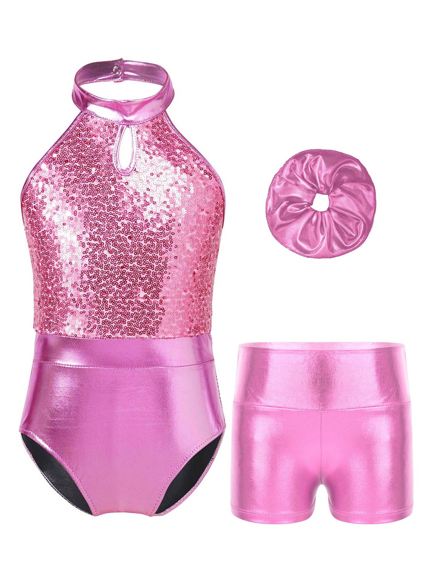 Kids Girls Sleeveless Halter Neck Sequin Gymnastic Leotard and Shorts Hair Band