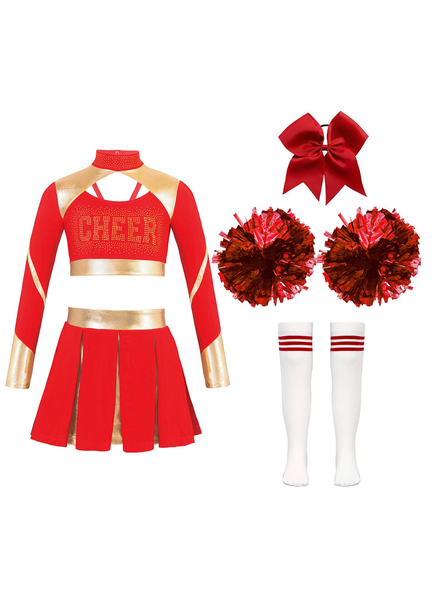 Kids Girls 7pcs Long Sleeve Metallic Crop Top and Pleated Skirt Cheerleading Set