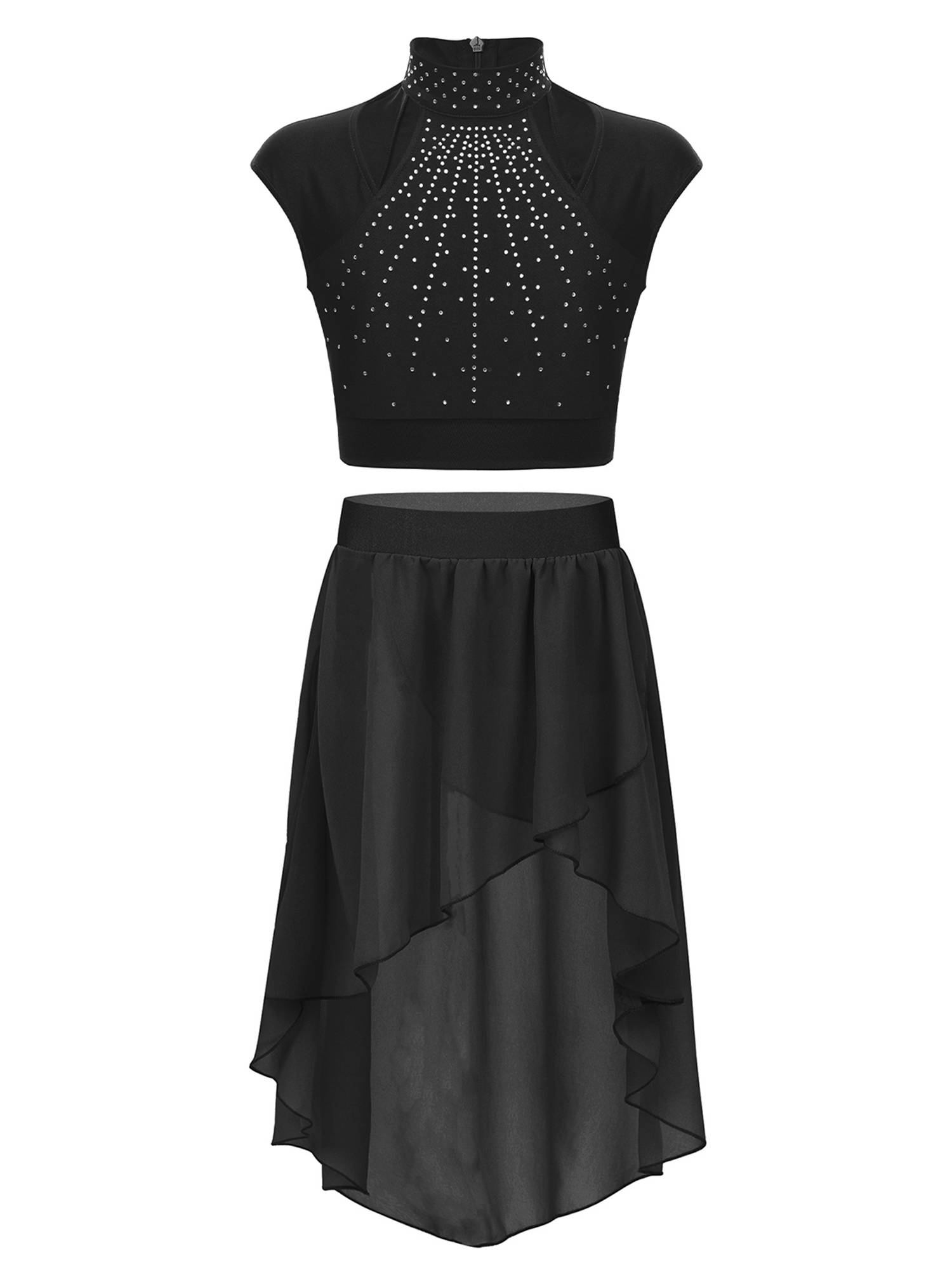Kids Girls Sleeveless Rhinestones Crop Top and Chiffon Skirt Skating Set