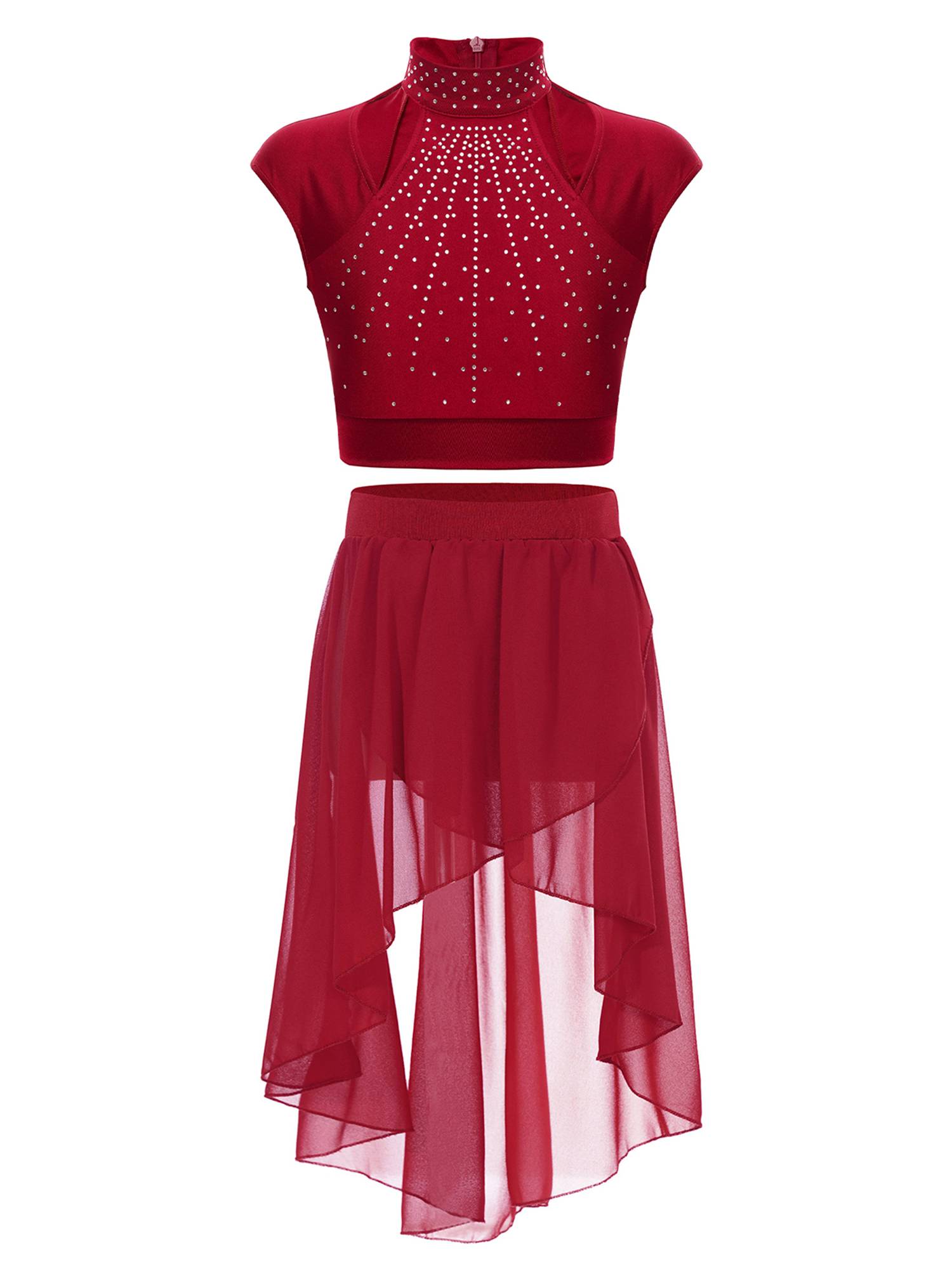 Kids Girls Sleeveless Rhinestones Crop Top and Chiffon Skirt Skating Set