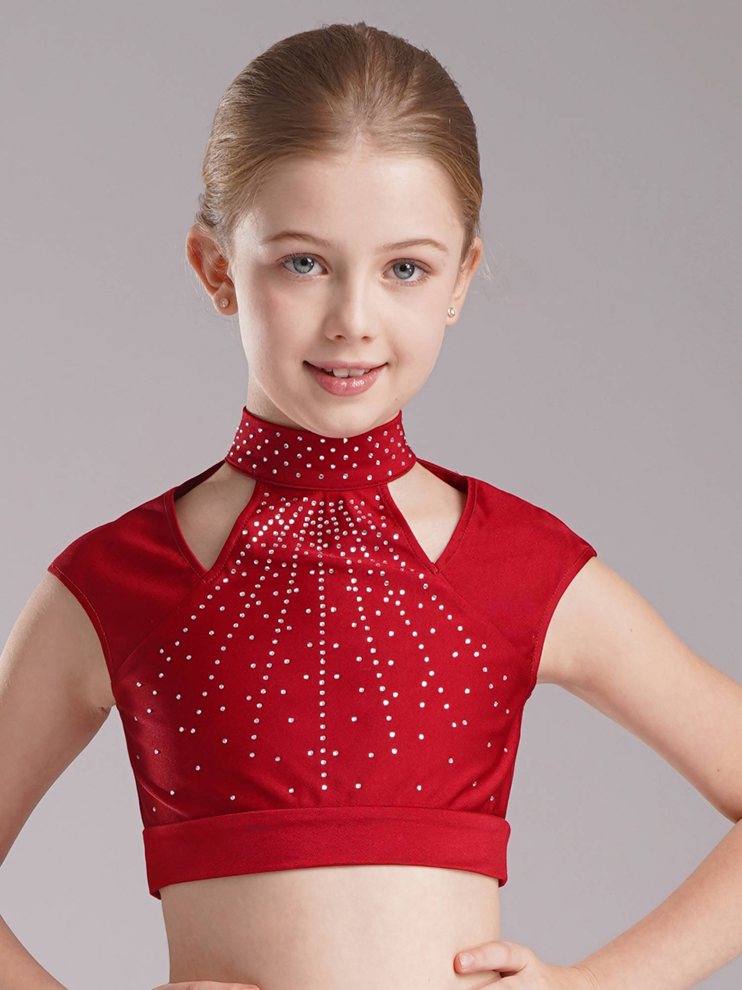 Kids Girls Sleeveless Rhinestones Crop Top and Chiffon Skirt Skating Set