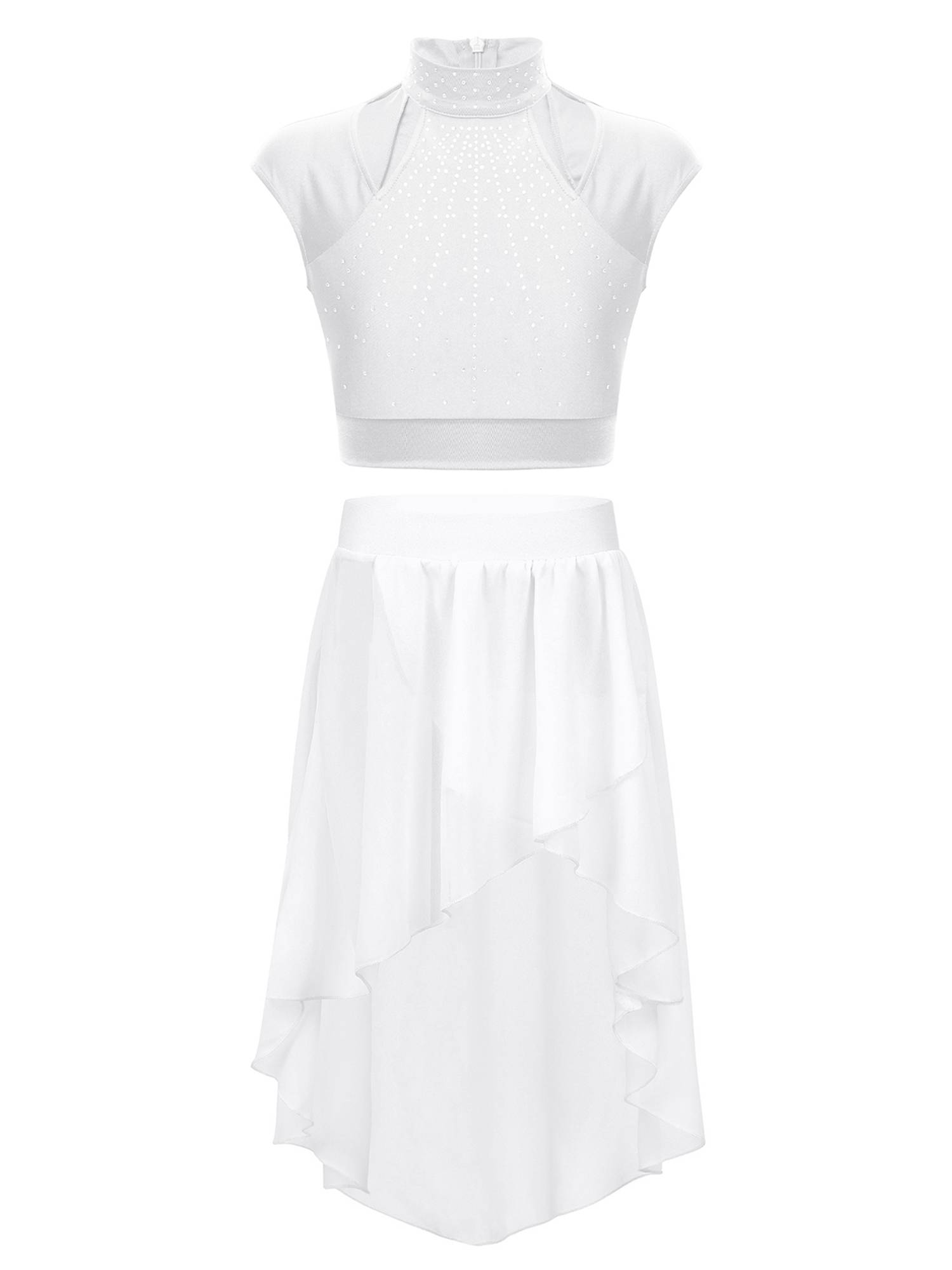 Kids Girls Sleeveless Rhinestones Crop Top and Chiffon Skirt Skating Set