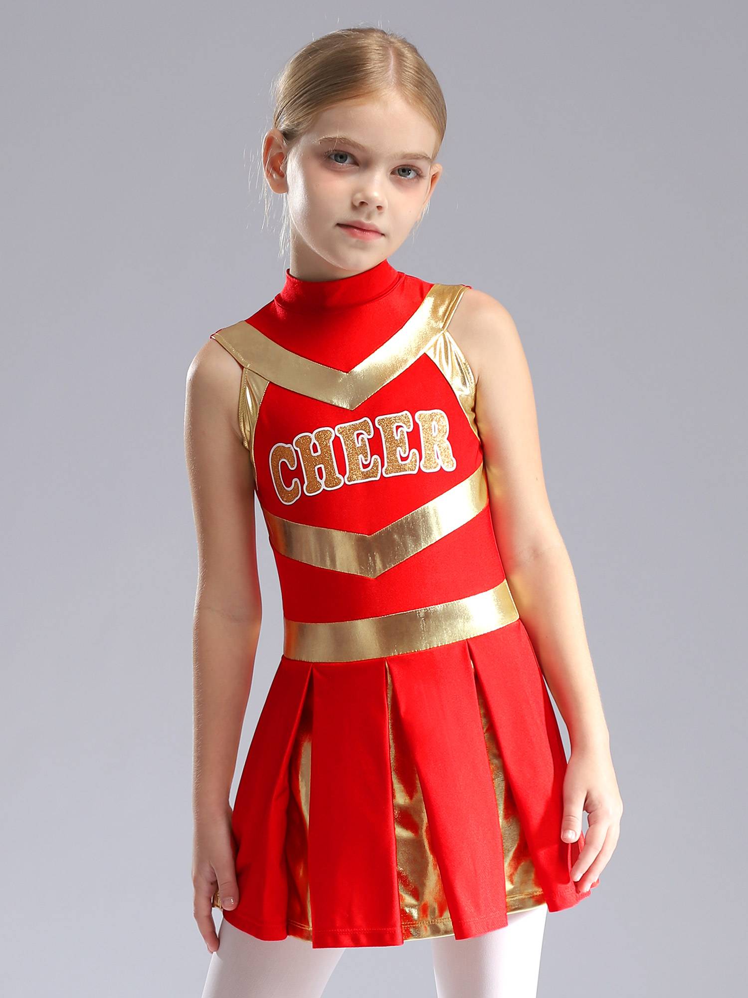 Kids Girls Mock Neck Sleeveless Letter Print A-line Dress for Cheerleading Dance