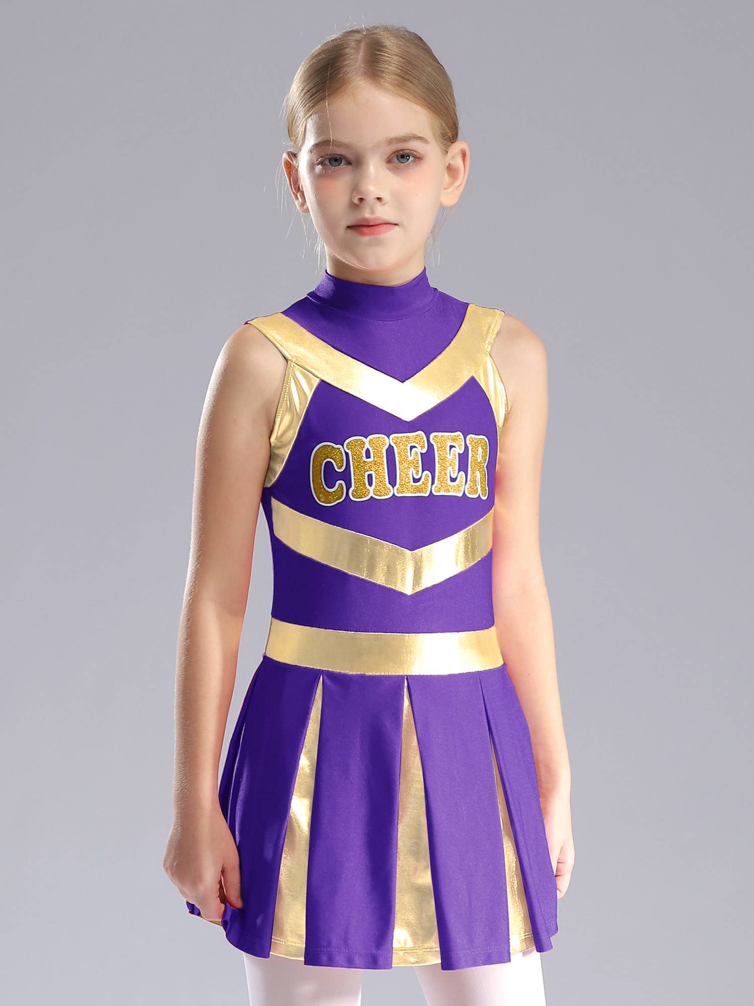 Kids Girls Mock Neck Sleeveless Letter Print A-line Dress for Cheerleading Dance