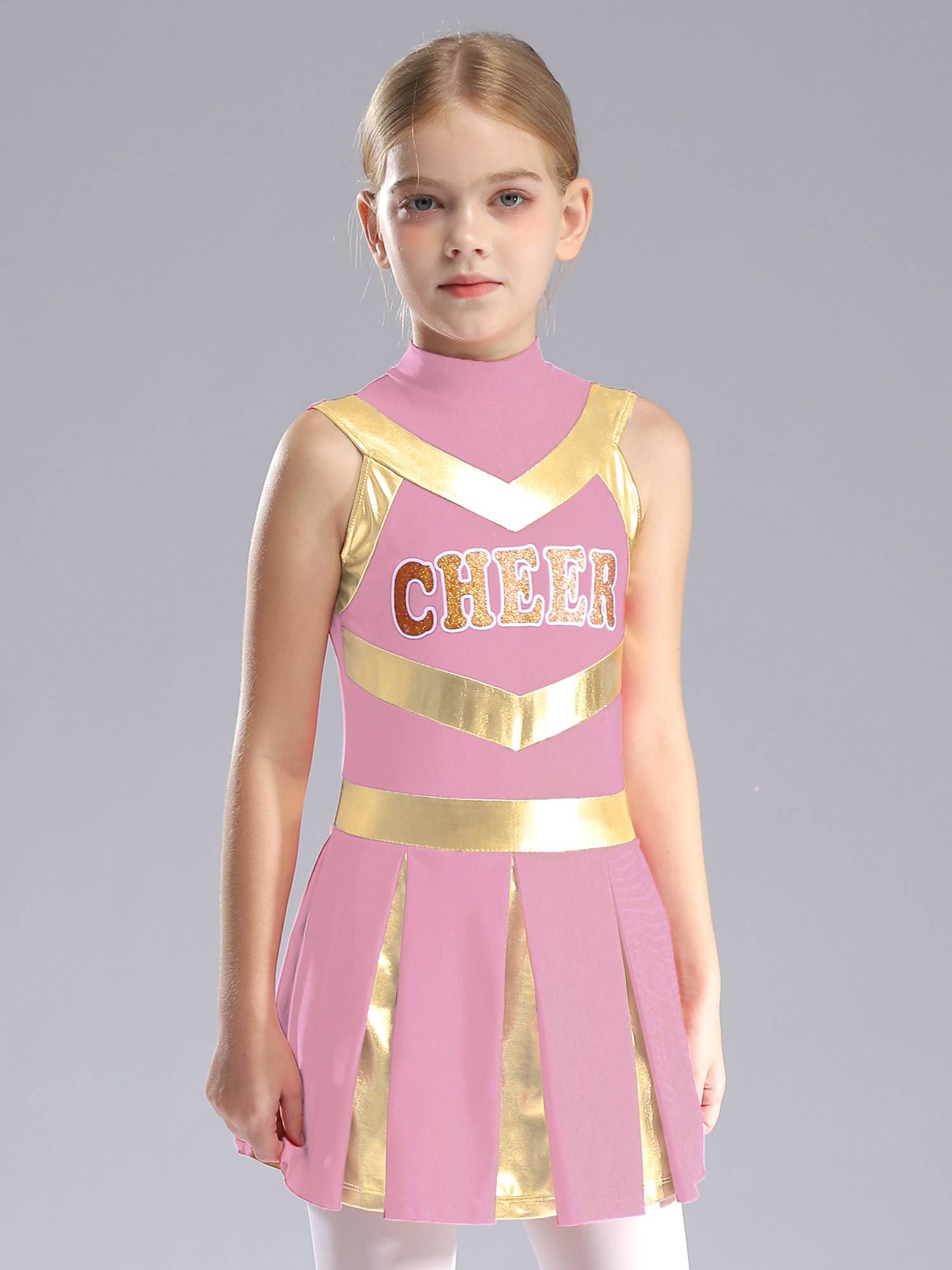 Kids Girls Mock Neck Sleeveless Letter Print A-line Dress for Cheerleading Dance