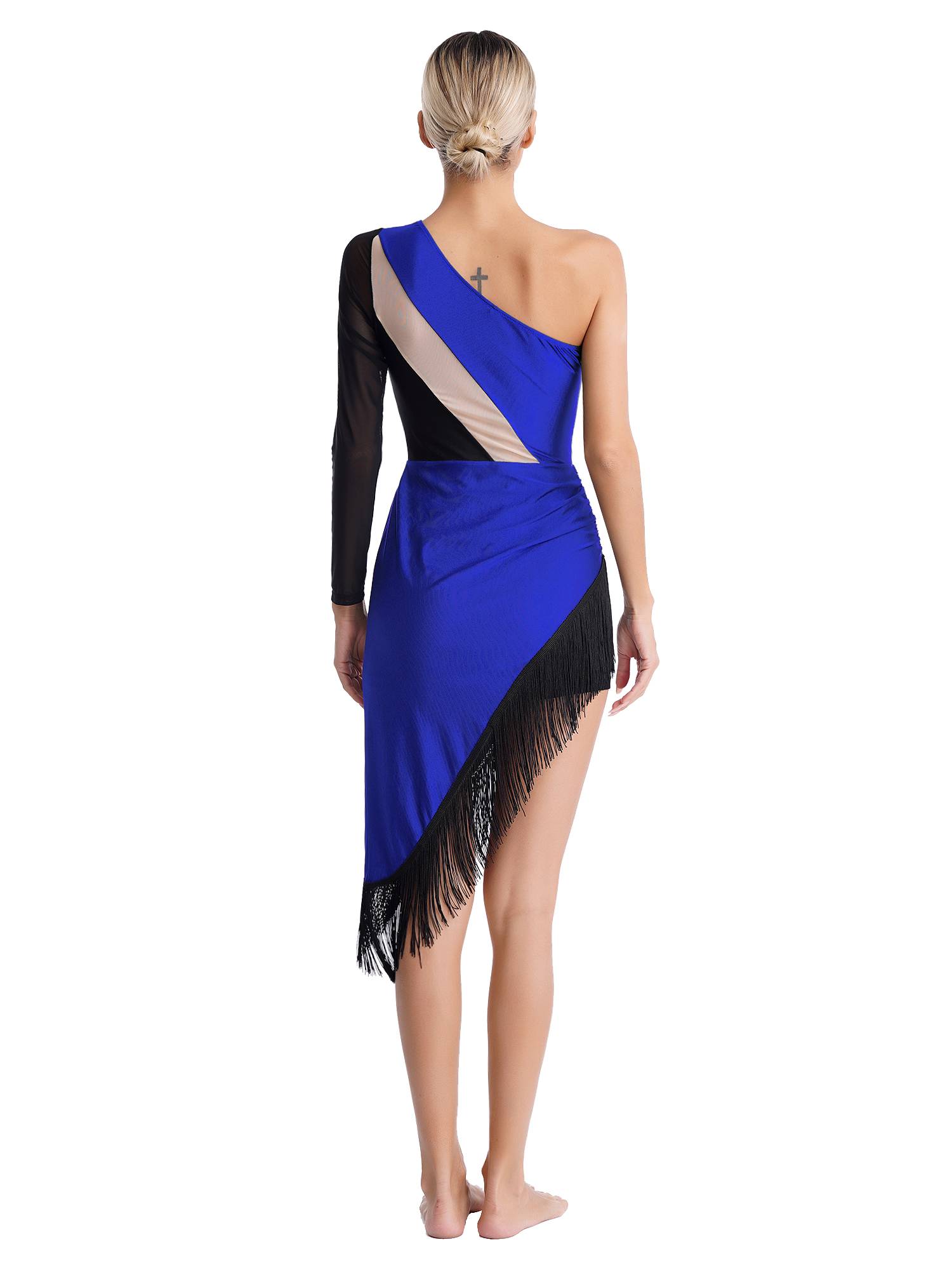 Women Shiny Rhinestones One Shoulder Tassel Latin Dance Dress