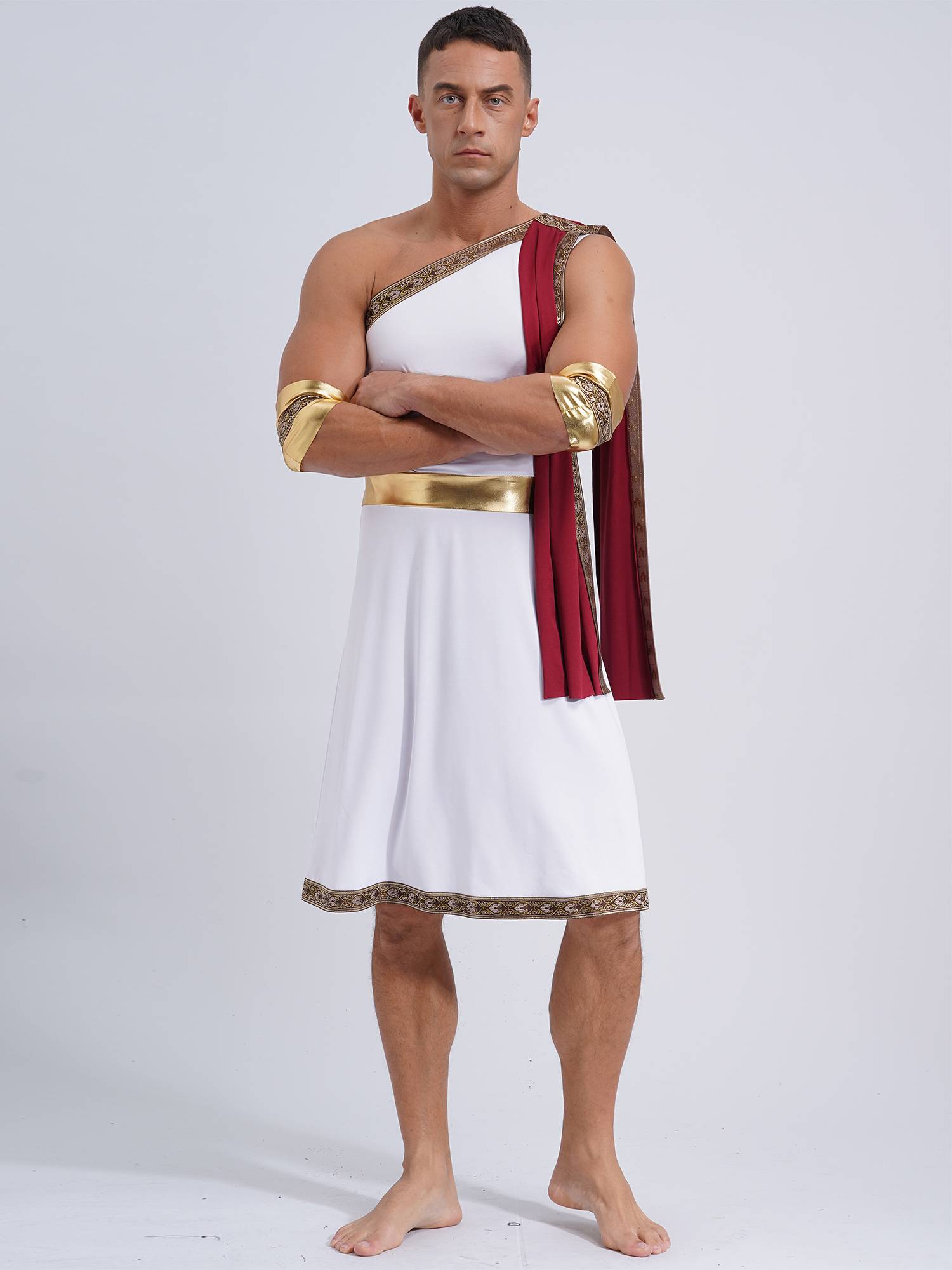Men One Shoulder Embroidered Sleeveless Greek Toga Robe for Halloween