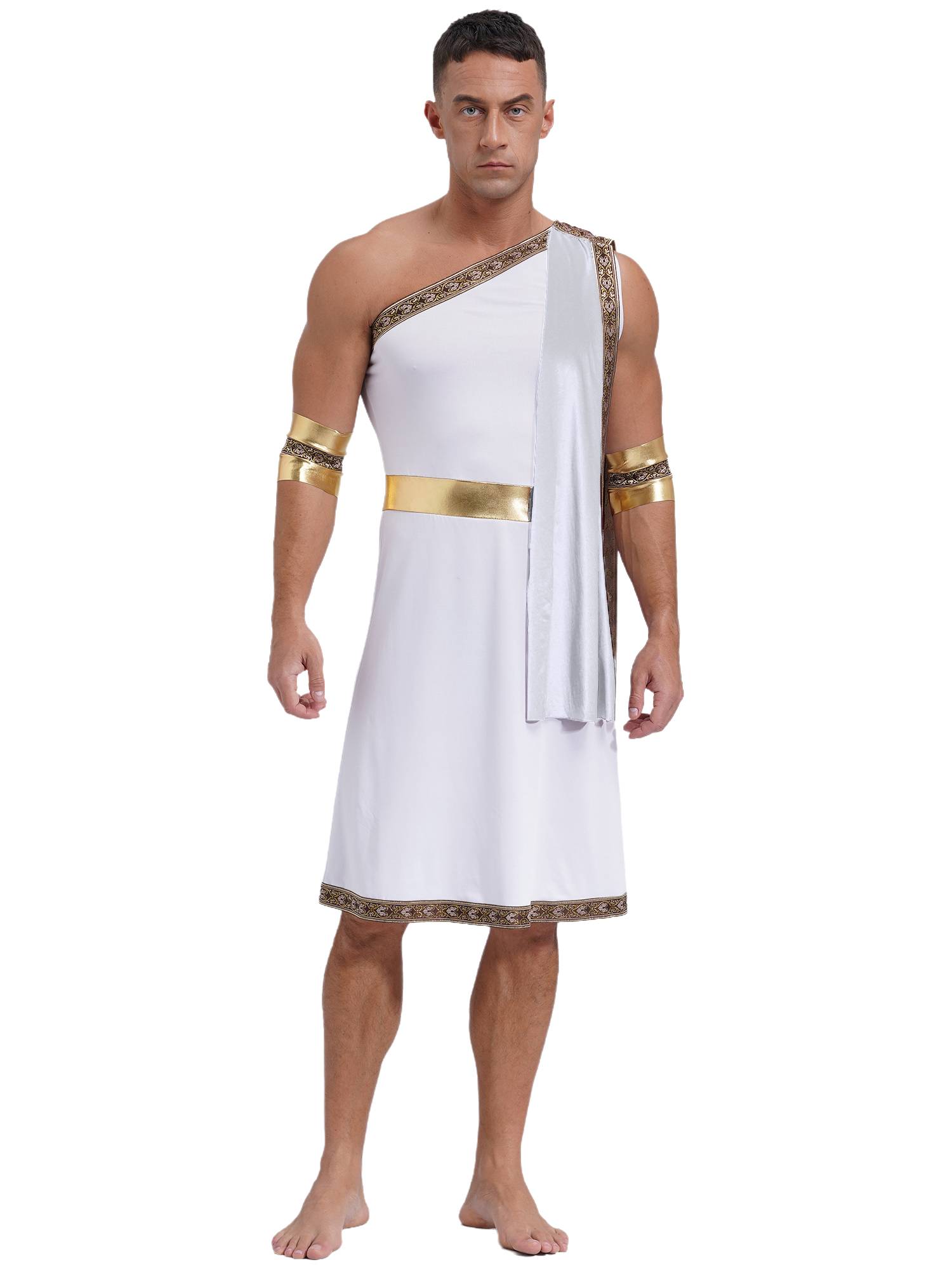 Men One Shoulder Embroidered Sleeveless Greek Toga Robe for Halloween