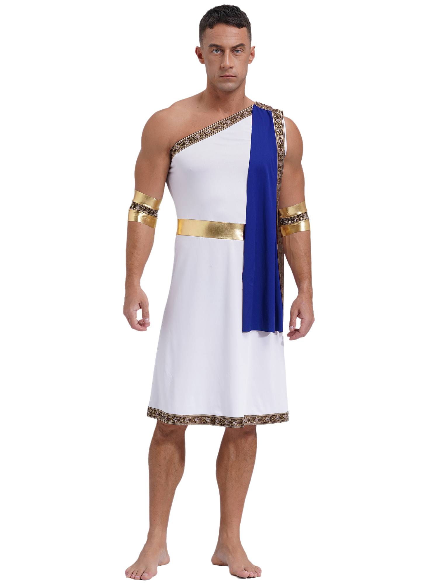 Men One Shoulder Embroidered Sleeveless Greek Toga Robe for Halloween