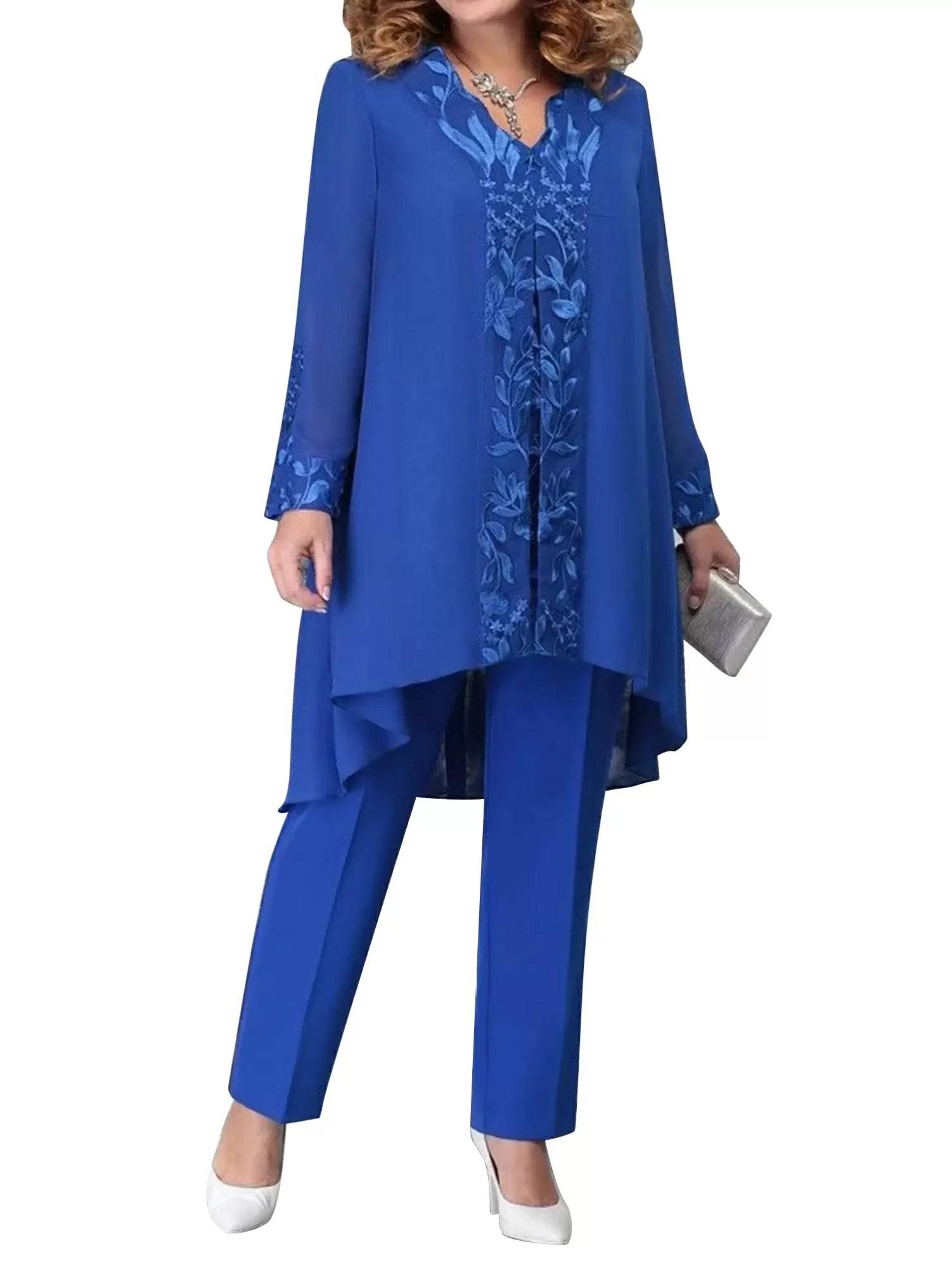 Women 3-Piece Wedding Guest Shirt Embroidered Cardigan and Pants Suits