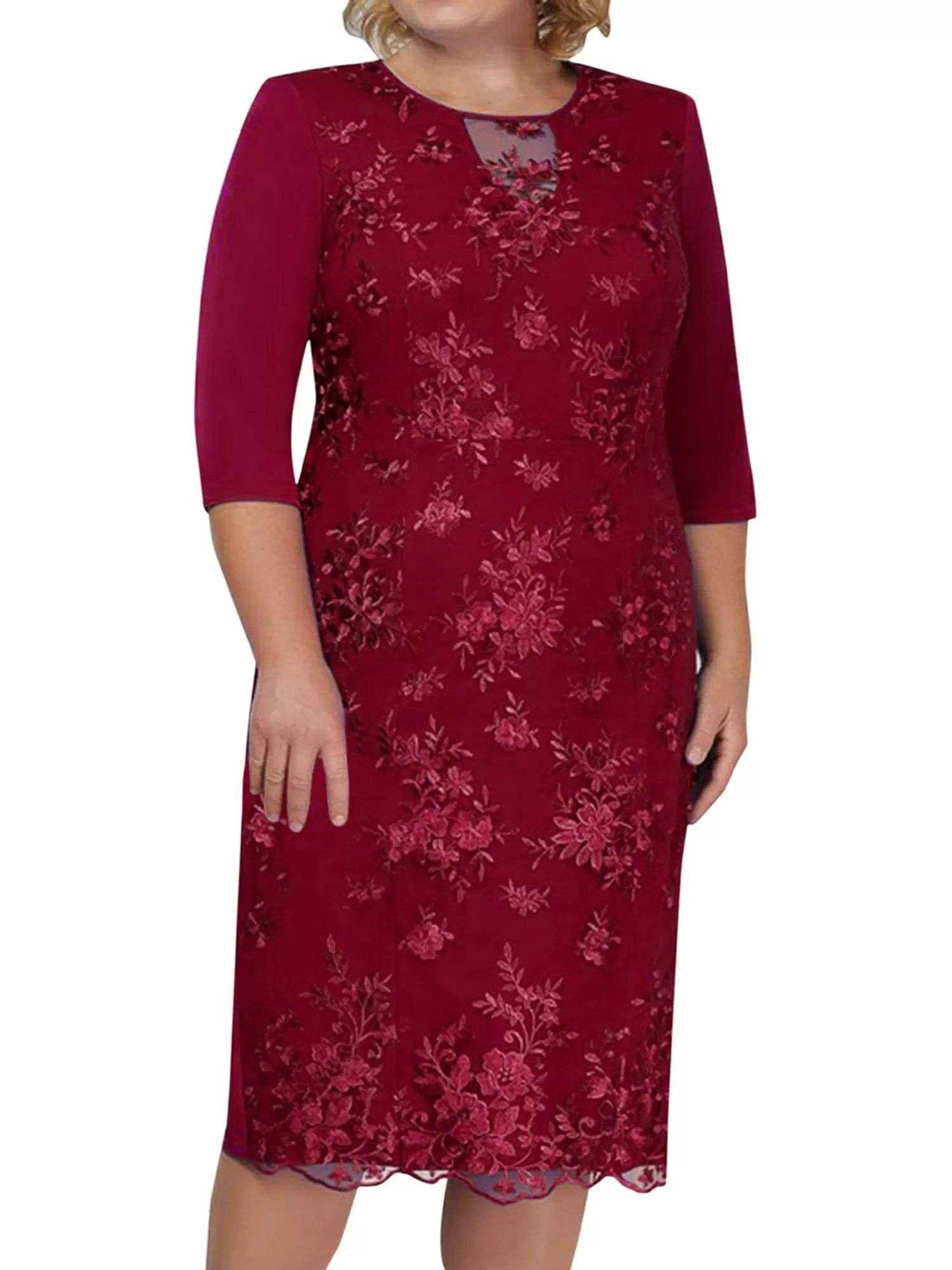 Women Elegant Embroidered Lace Half Sleeve Plus Size Cocktail Dress