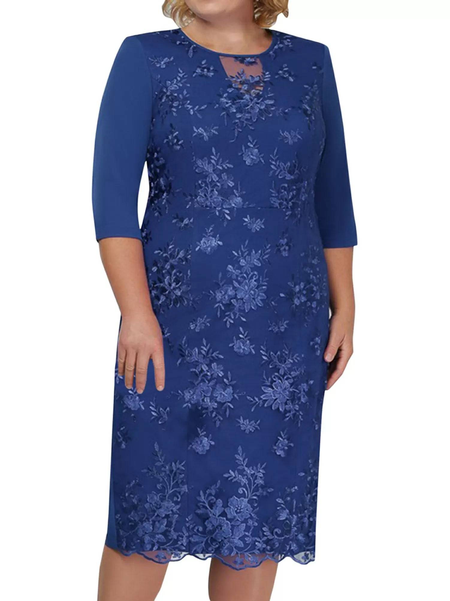 Women Elegant Embroidered Lace Half Sleeve Plus Size Cocktail Dress