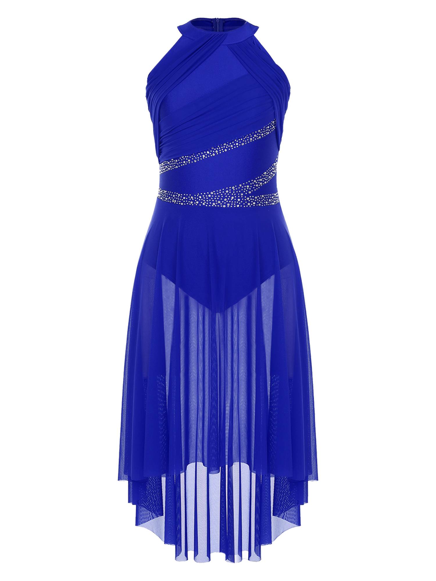 Women Sleeveless Rhinestones High Low Lyrical Dance Leotard Dress