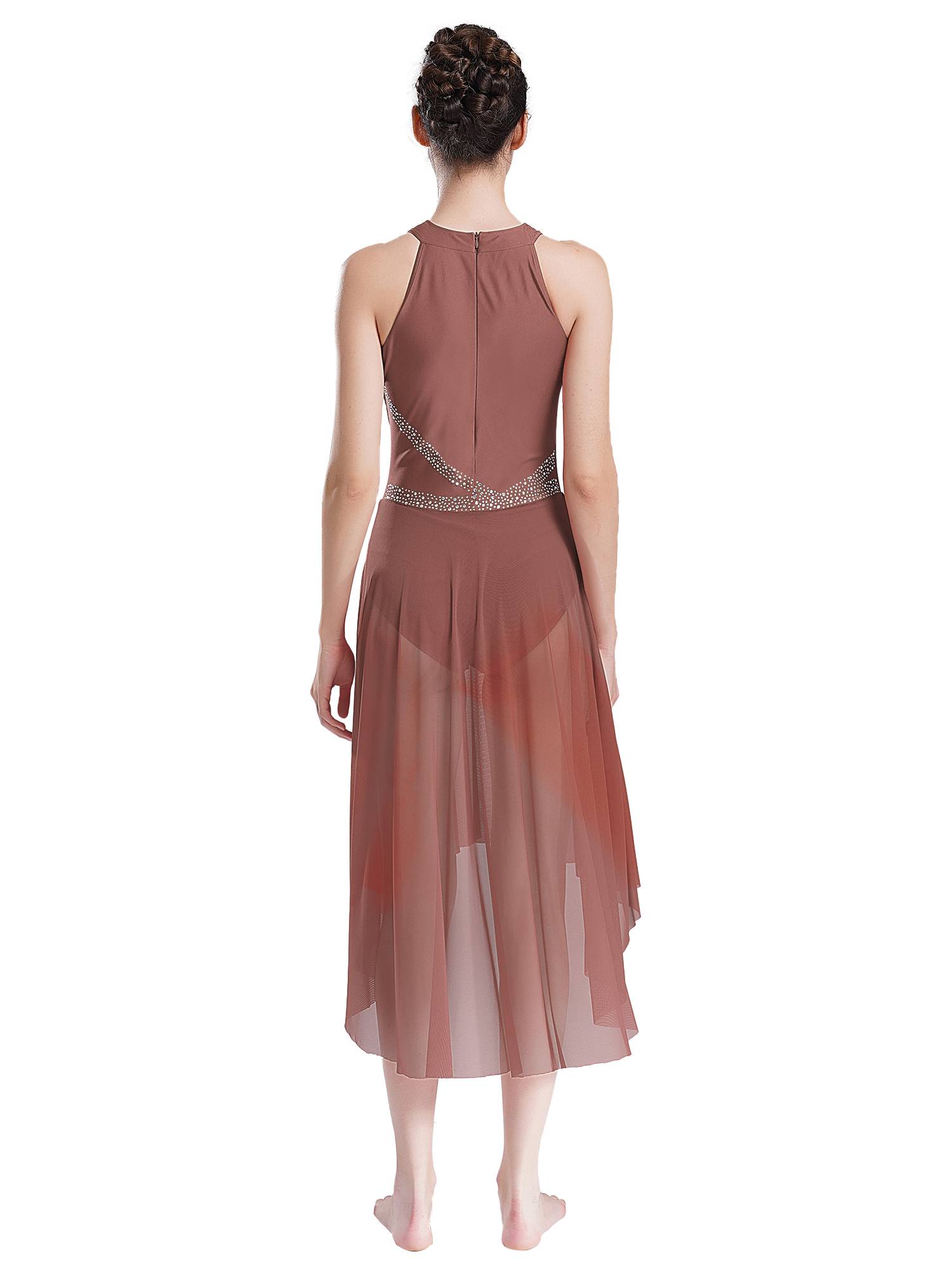 Women Sleeveless Rhinestones High Low Lyrical Dance Leotard Dress