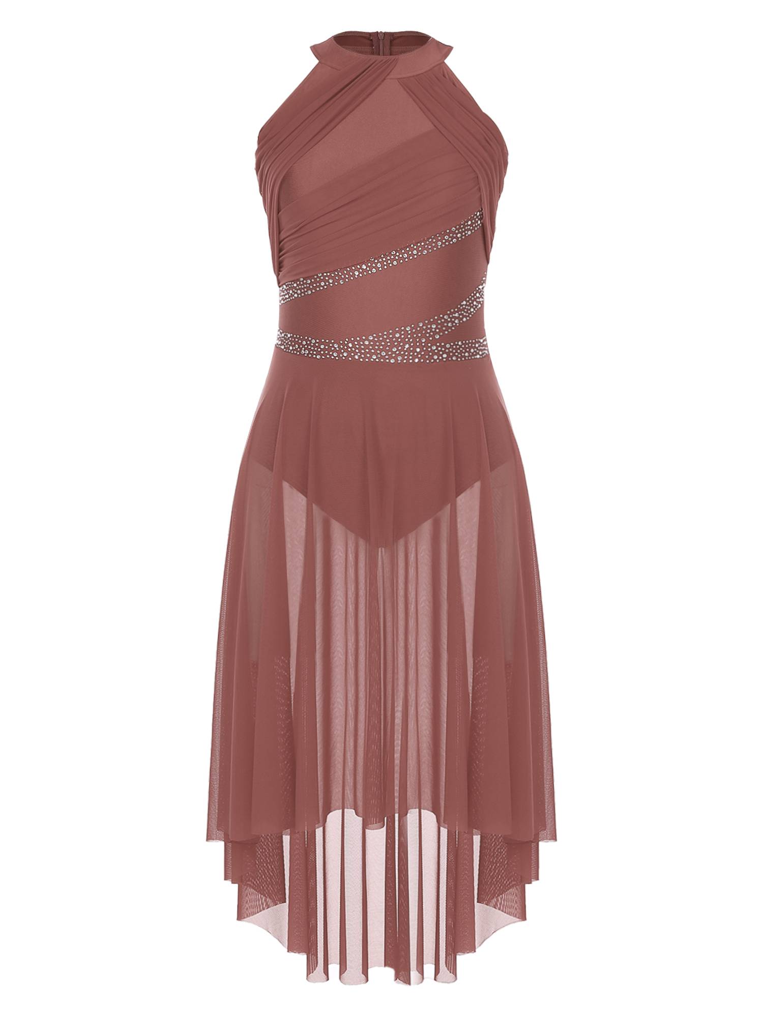 Women Sleeveless Rhinestones High Low Lyrical Dance Leotard Dress