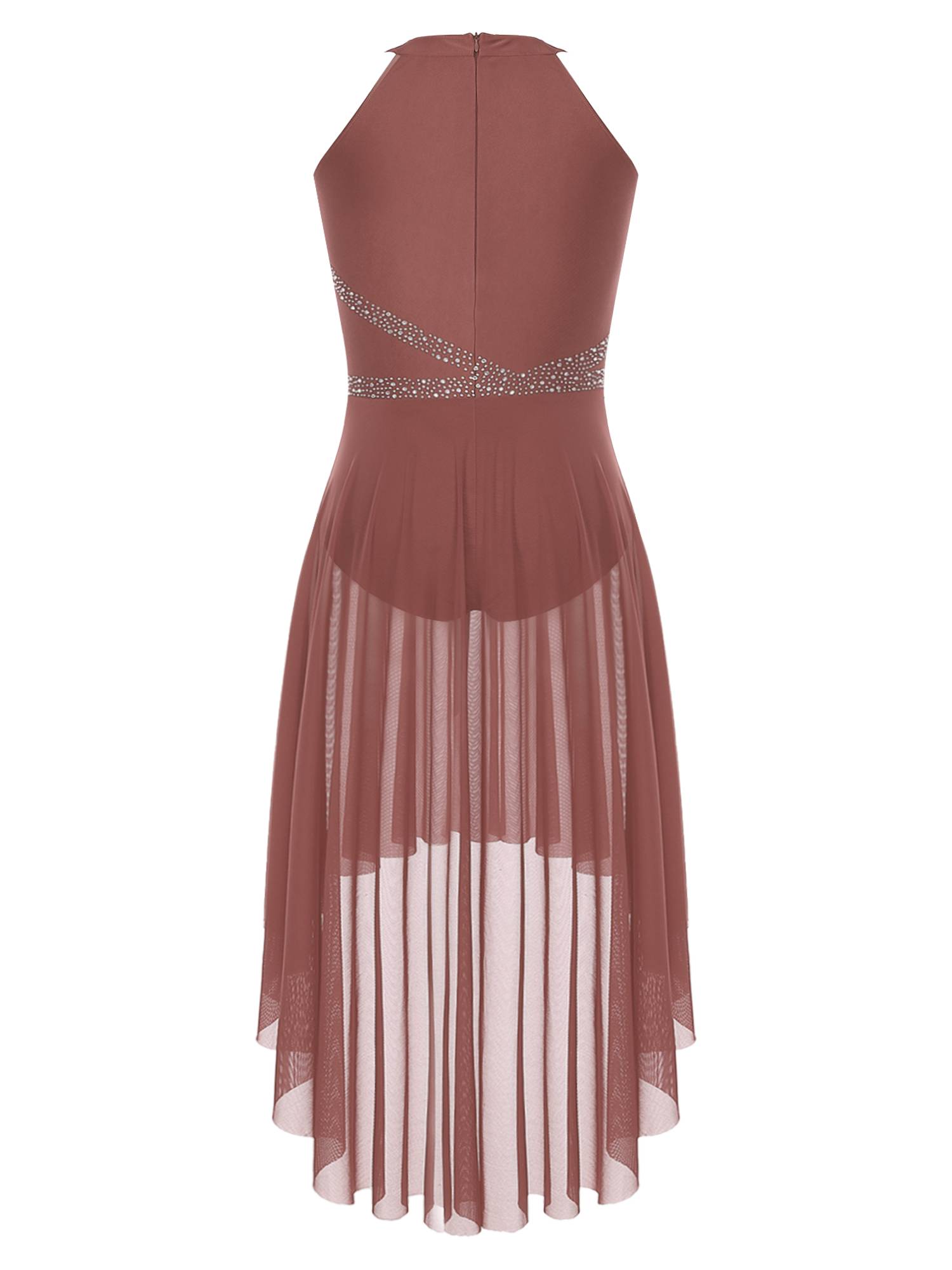 Women Sleeveless Rhinestones High Low Lyrical Dance Leotard Dress