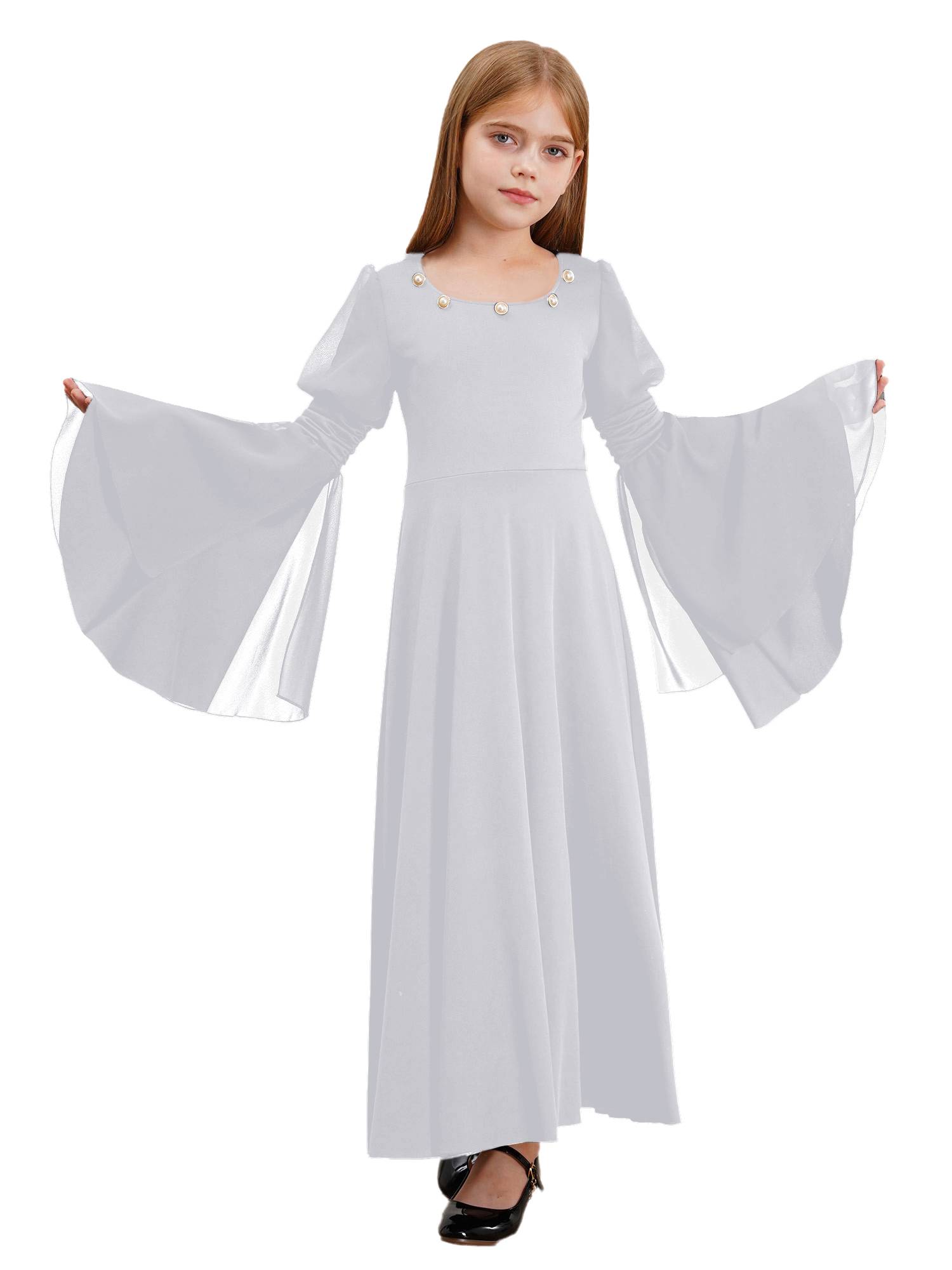 Kids Girls Renaissance Medieval Costume Long Sleeve Bell Sleeves Princess Dress