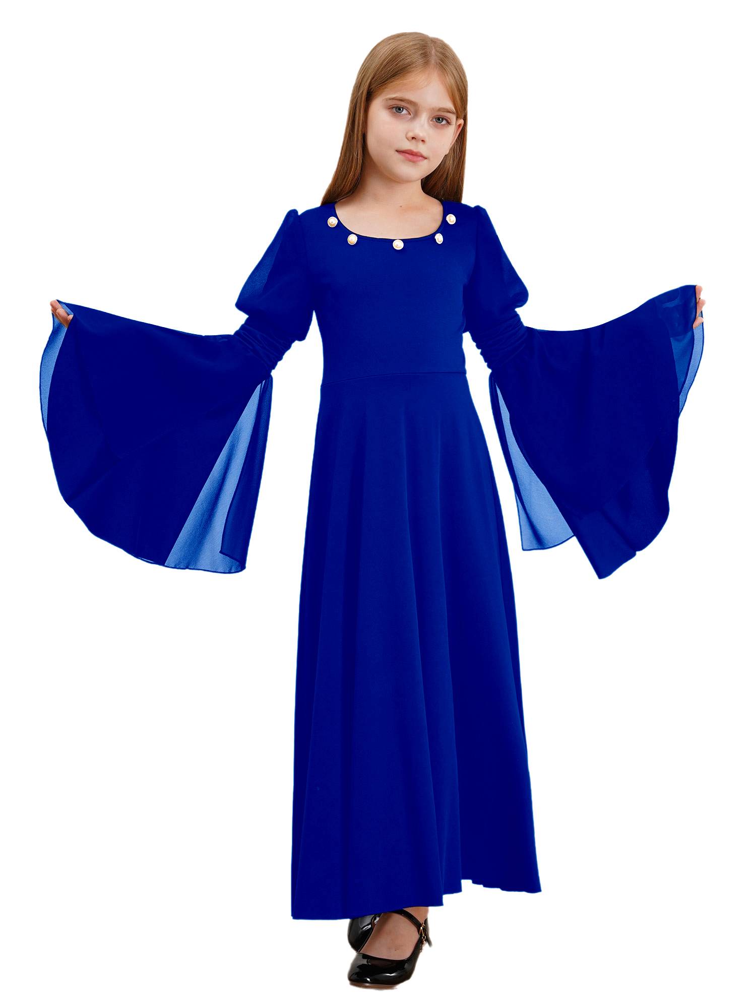 Kids Girls Renaissance Medieval Costume Long Sleeve Bell Sleeves Princess Dress