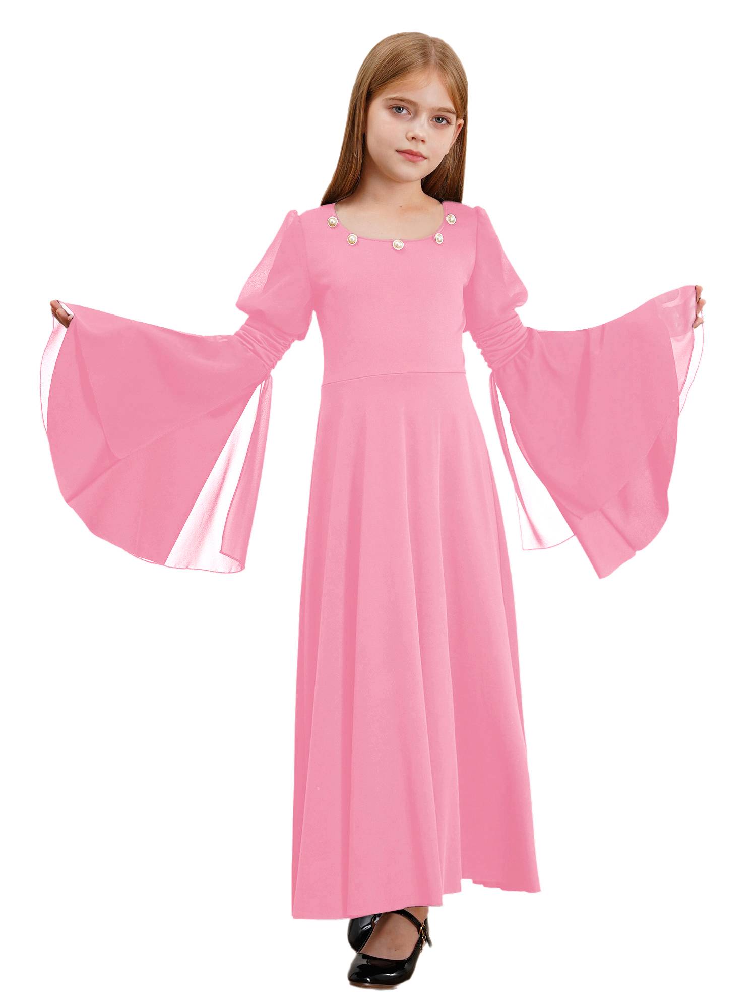 Kids Girls Renaissance Medieval Costume Long Sleeve Bell Sleeves Princess Dress