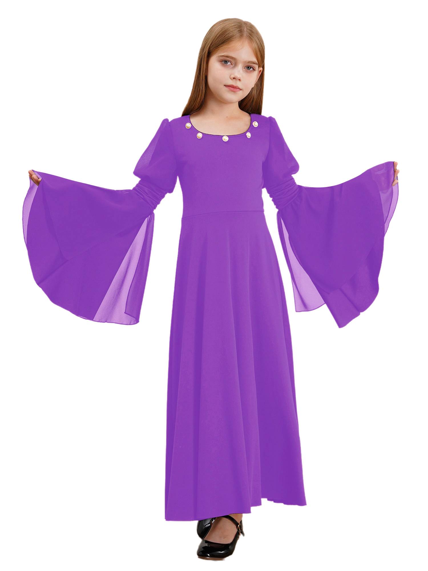 Kids Girls Renaissance Medieval Costume Long Sleeve Bell Sleeves Princess Dress