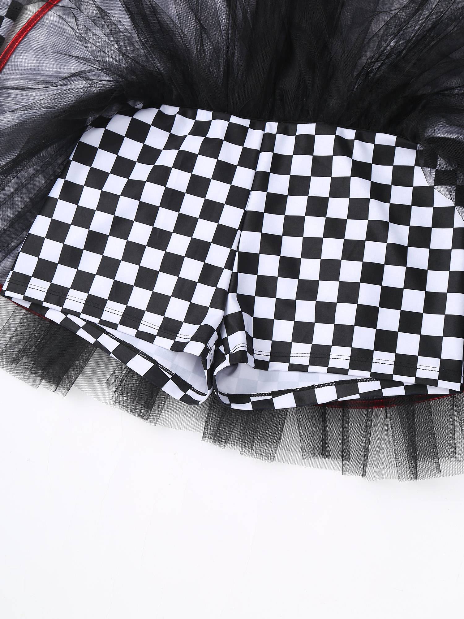 Women Long Sleeve Sequins A-line Tulle Checkerboard Racer Leotard Dress