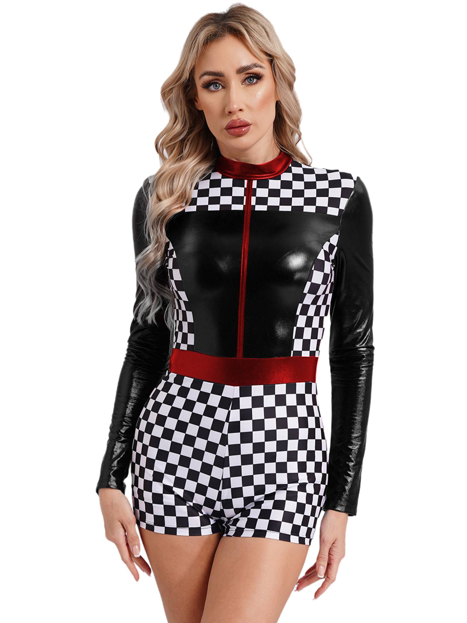 Women Long Sleeve Checkerboard Print Racer Driver Romper