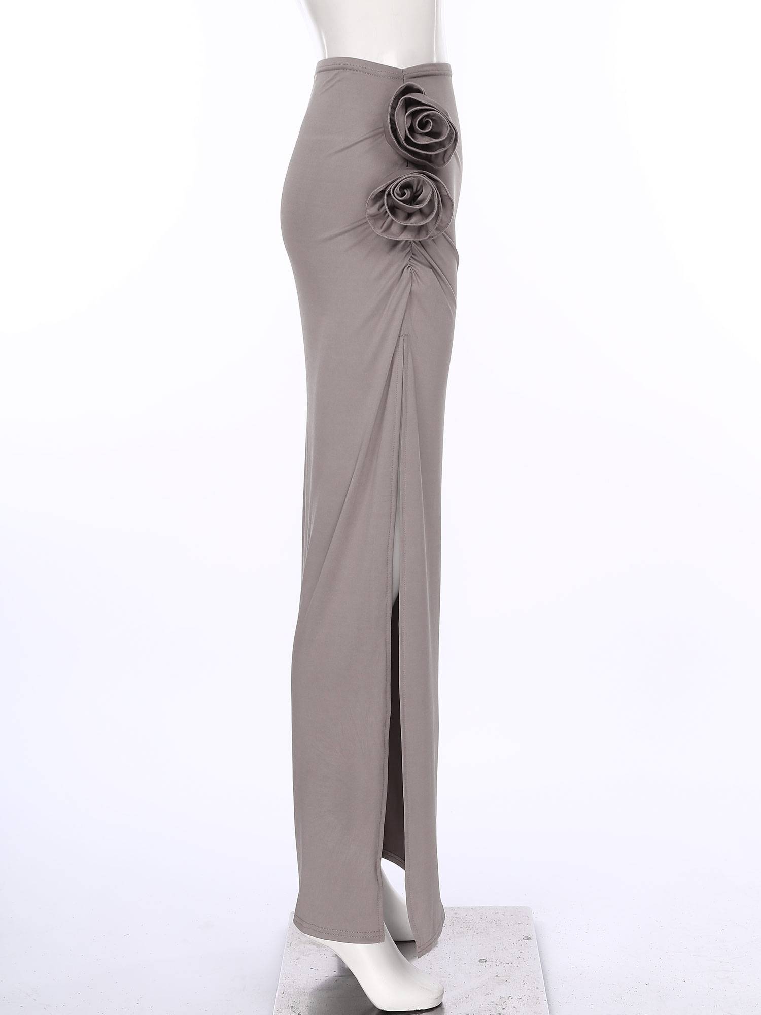 Women 3D Applique Ruched Long Skirt Side Split Slim Fit Skirt
