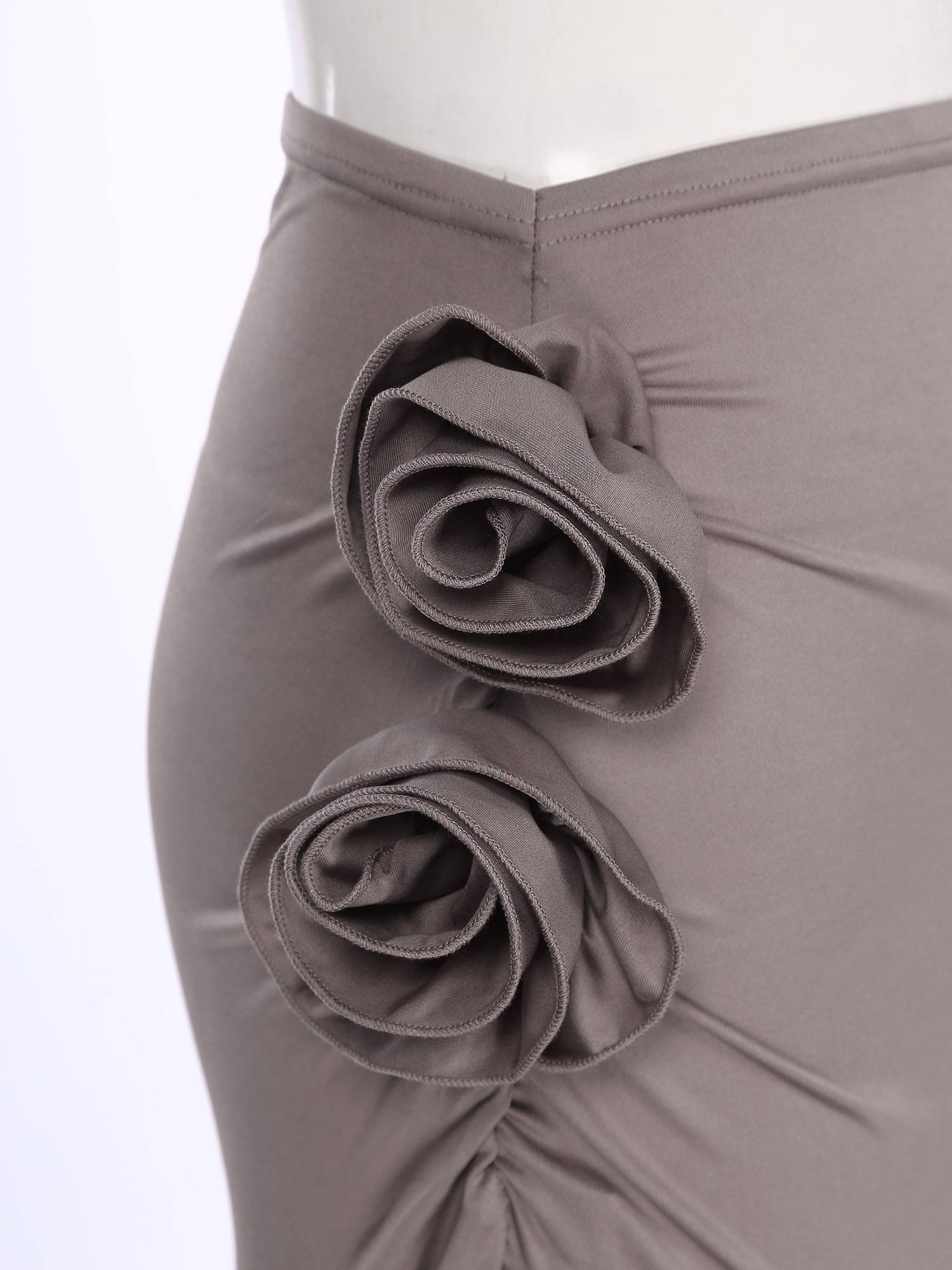 Women 3D Applique Ruched Long Skirt Side Split Slim Fit Skirt