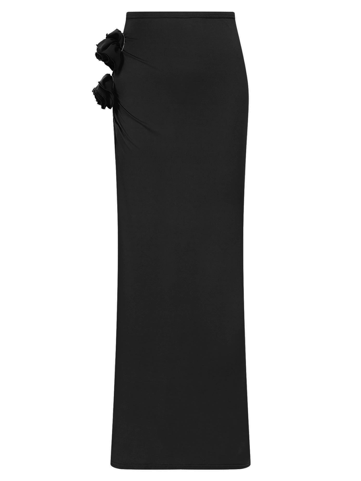 Women 3D Applique Ruched Long Skirt Side Split Slim Fit Skirt