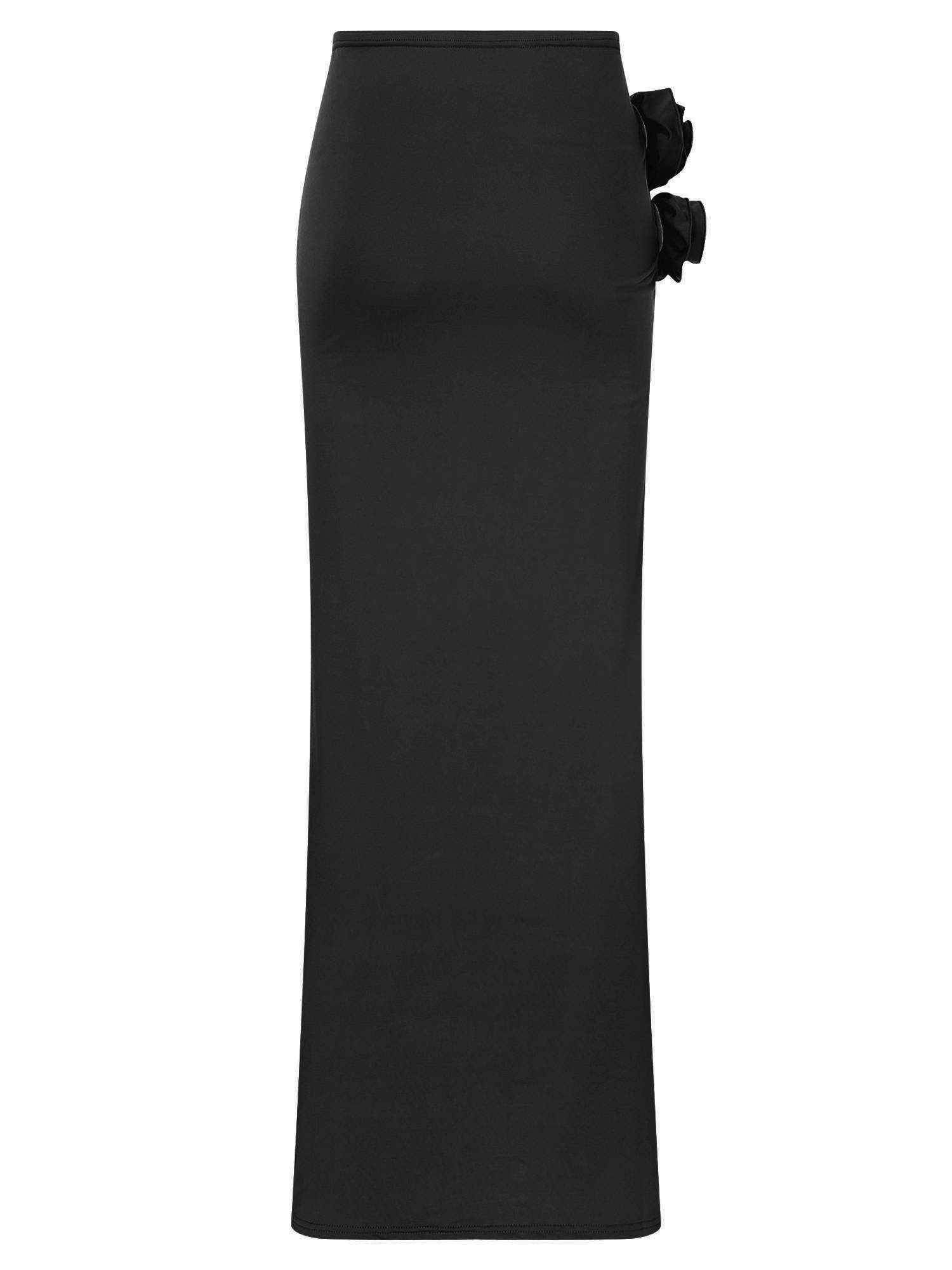 Women 3D Applique Ruched Long Skirt Side Split Slim Fit Skirt