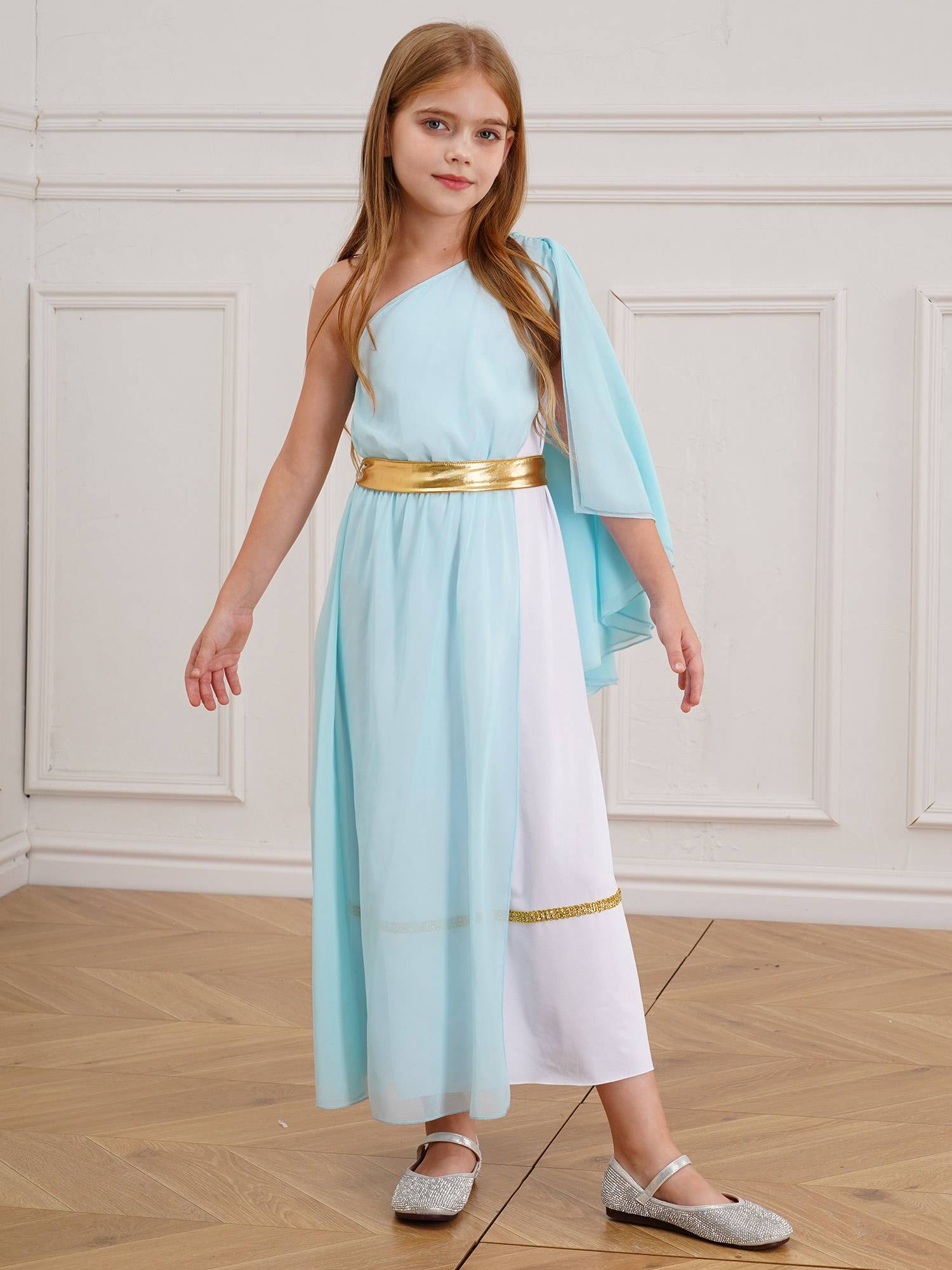 Girls Greek Goddess Toga One Shoulder Tulle Maxi Dress with Metallic Waistband