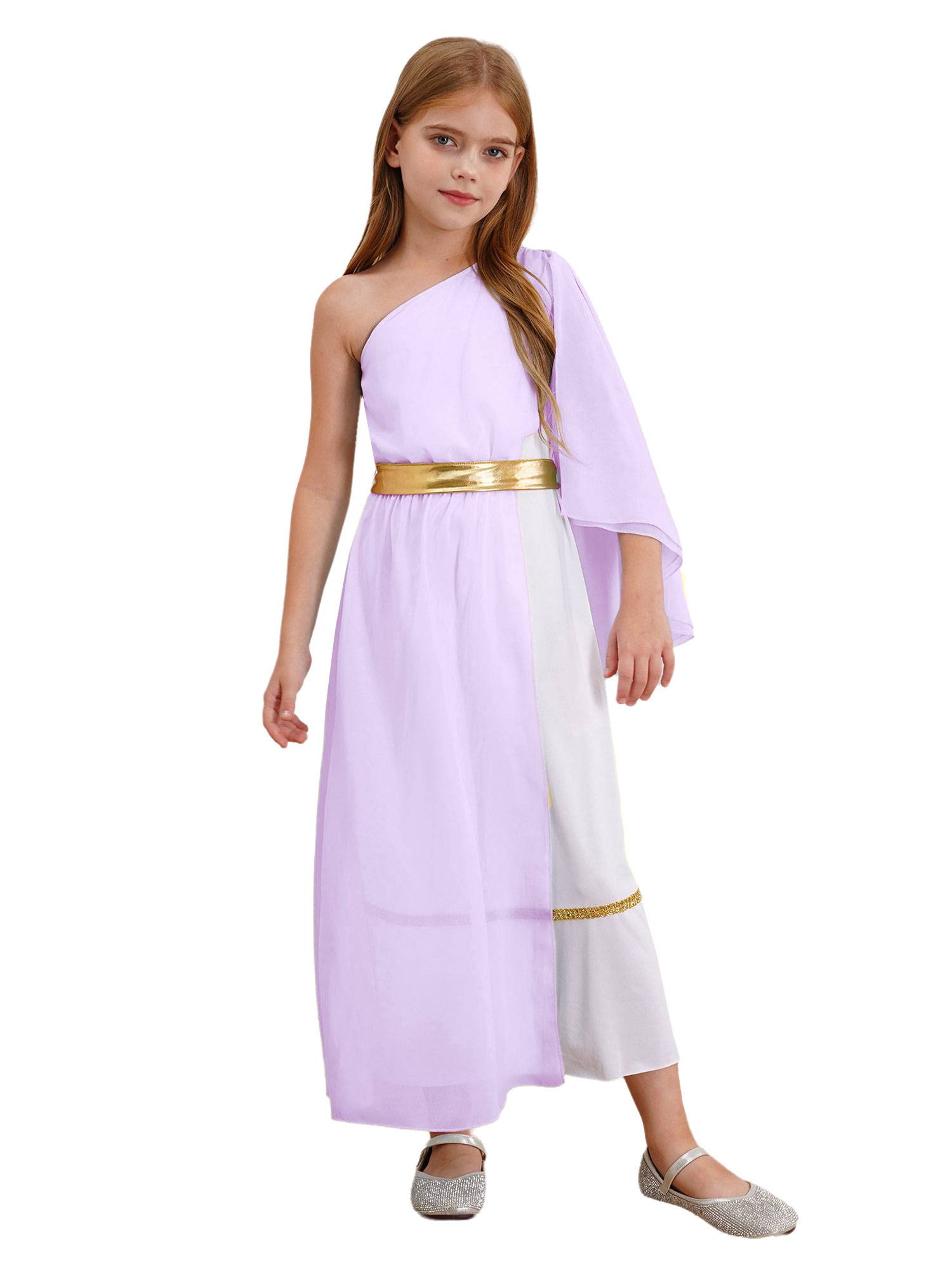 Girls Greek Goddess Toga One Shoulder Tulle Maxi Dress with Metallic Waistband