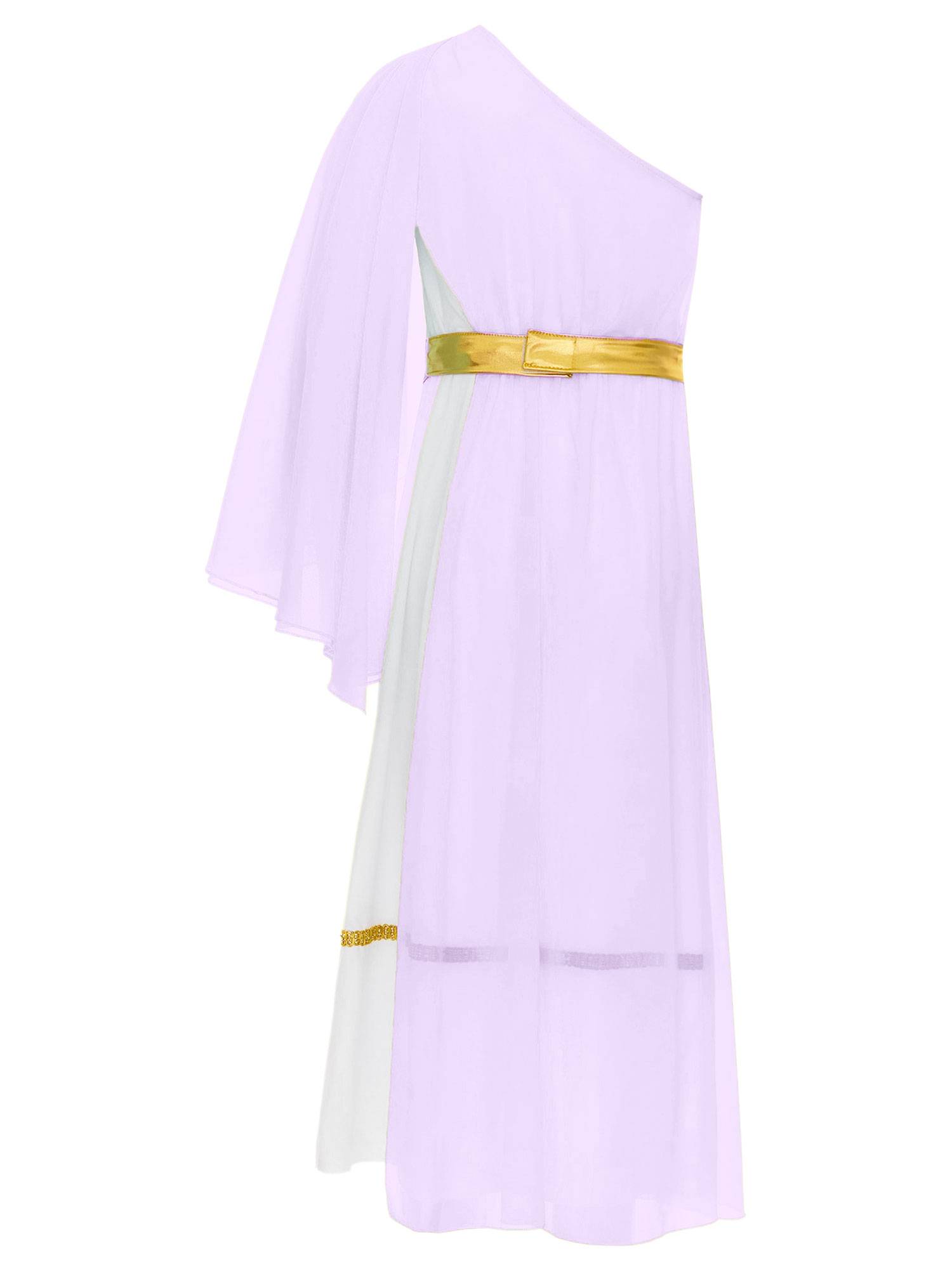 Girls Greek Goddess Toga One Shoulder Tulle Maxi Dress with Metallic Waistband