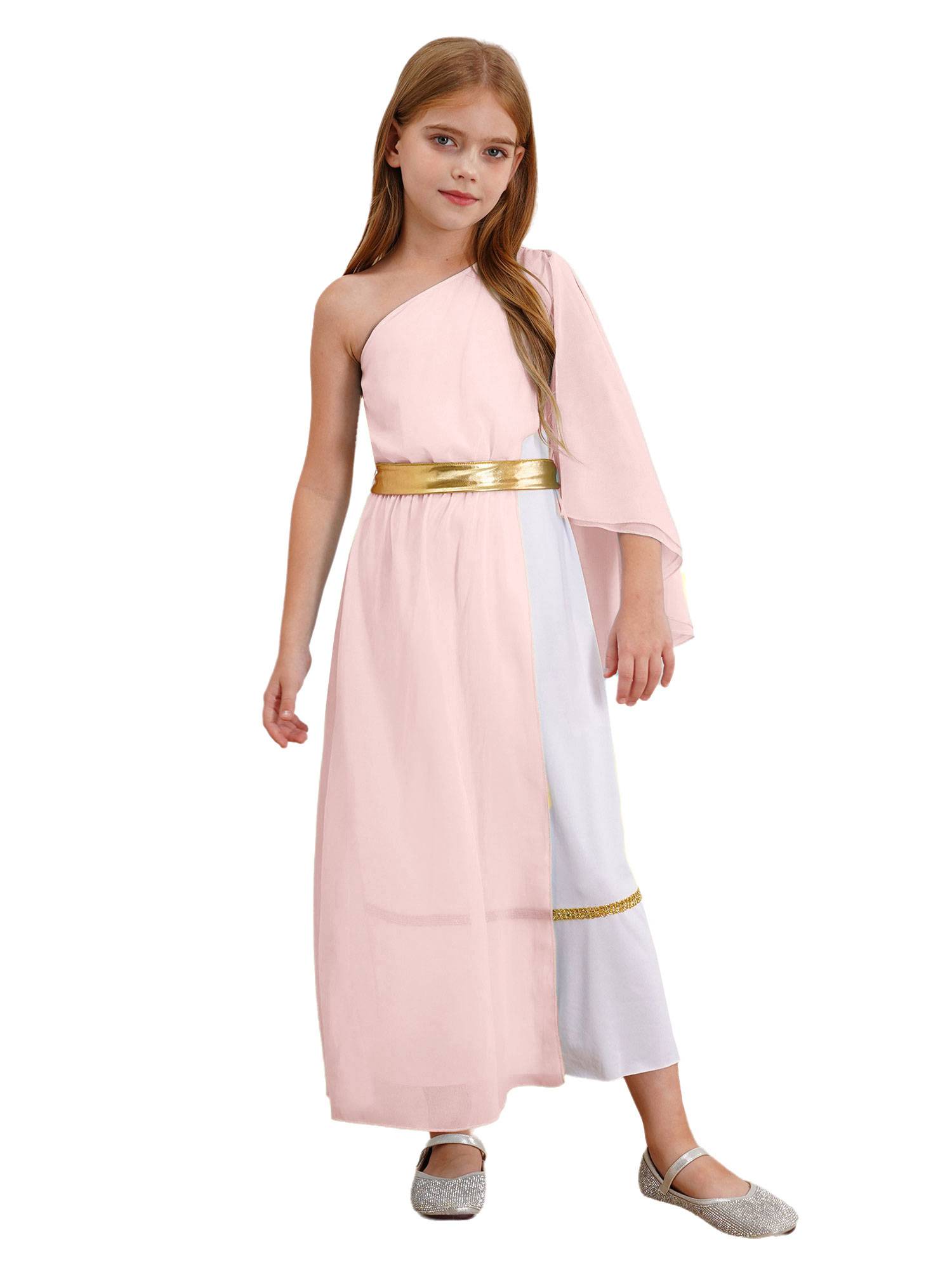Girls Greek Goddess Toga One Shoulder Tulle Maxi Dress with Metallic Waistband