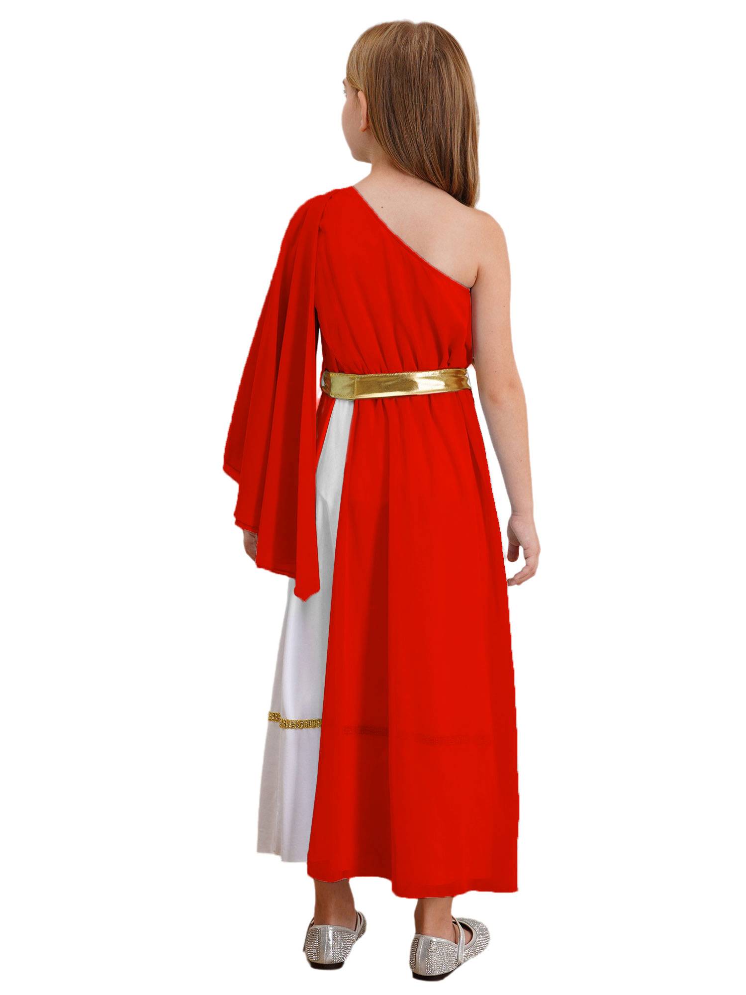 Girls Greek Goddess Toga One Shoulder Tulle Maxi Dress with Metallic Waistband